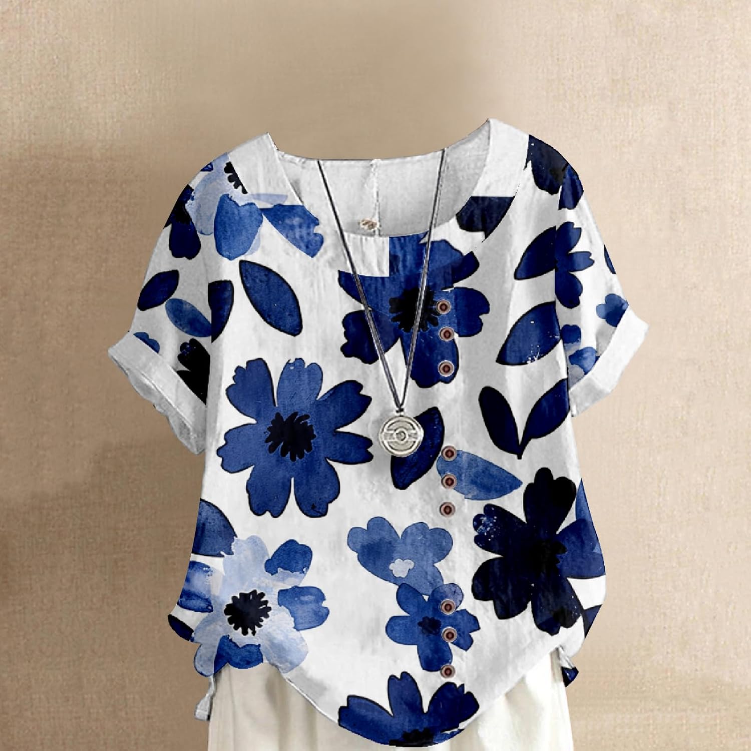 MARSVOVO Summer Button Up Shirt Women Multicolor Fashion Bohemian Print Plus Size Roll Up Short Sleeve Loose U Neck - Image 2