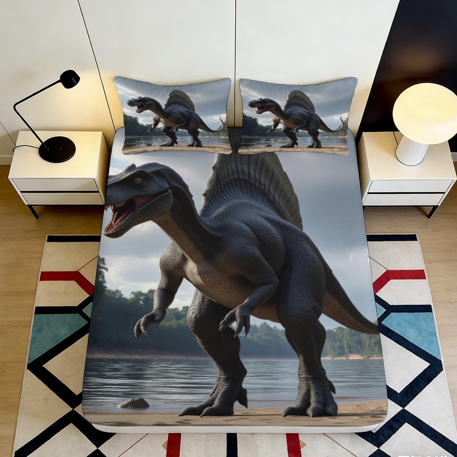 3D Printed Dinosaur Lake Fitted Sheet Microfiber Soft Black Spinosaurus Mattress Cover Bedroom Dorm Room Decor 120x200x25cm