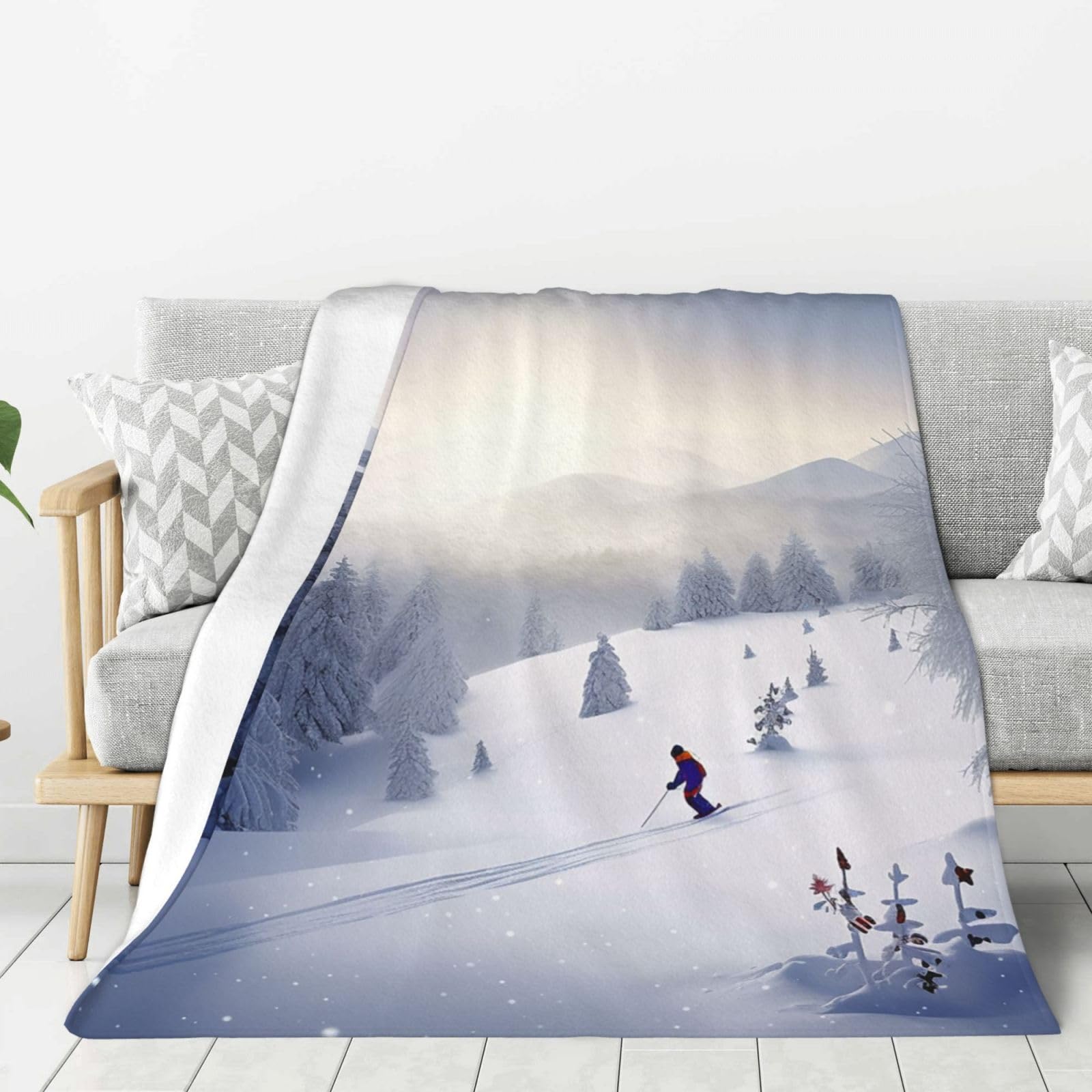 Winter Skiing Throw Blanket Plush Flannel Fleece Blanket, Soft Lightweight Cozy Blankets 50"X40" for Bed Couch Sofa Travel