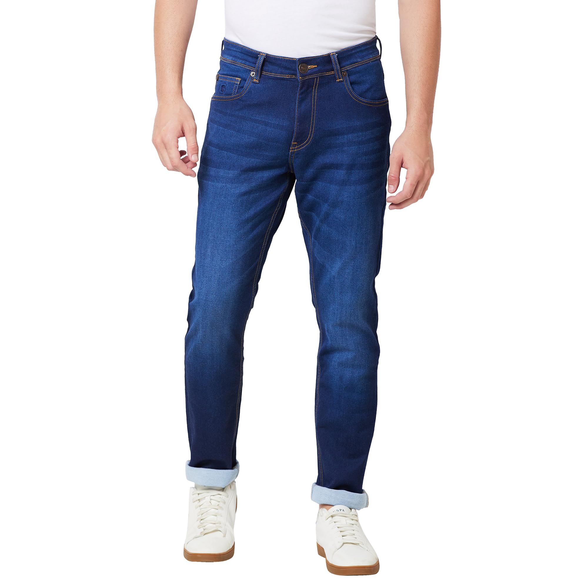 Men's Regular Fit Mid-Rise Clean Look Stretchable 5-Pocket Regular Length Casual Cotton Blended Denim Jeans-image-26