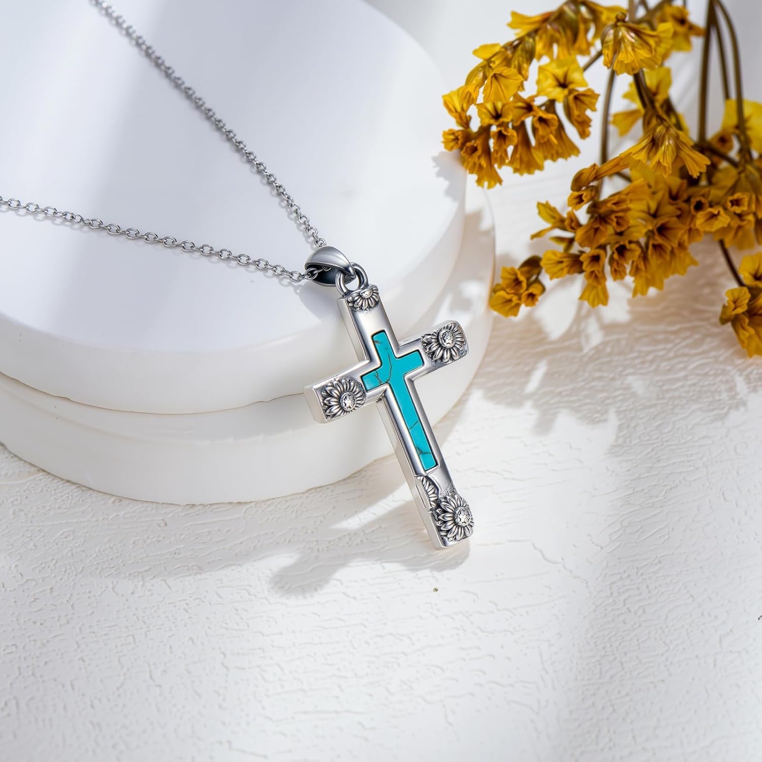 Turquoise Cross Necklace 925 Sterling Silver Vintage Sunflower Turquoise Religious Cross Pendant Jewelry for Women - Image 2