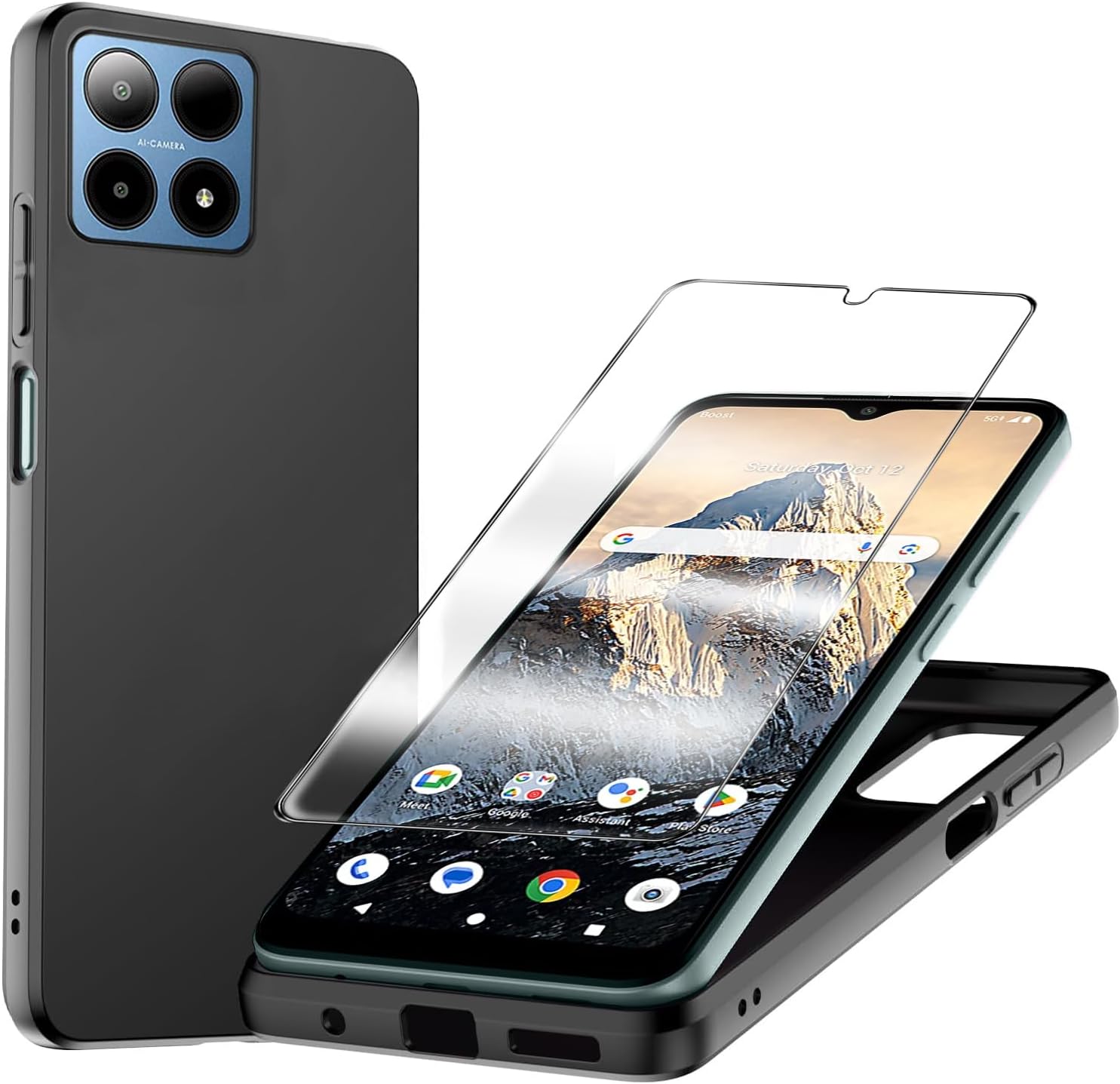 for Boost Summit 5G Case with Tempered Glass Screen Protector Slim Full-Body Silicone Bumpers Anti-Scratch Shockproof Protective Phone Case Cover for Boost Summit 5G 2024 (Black)