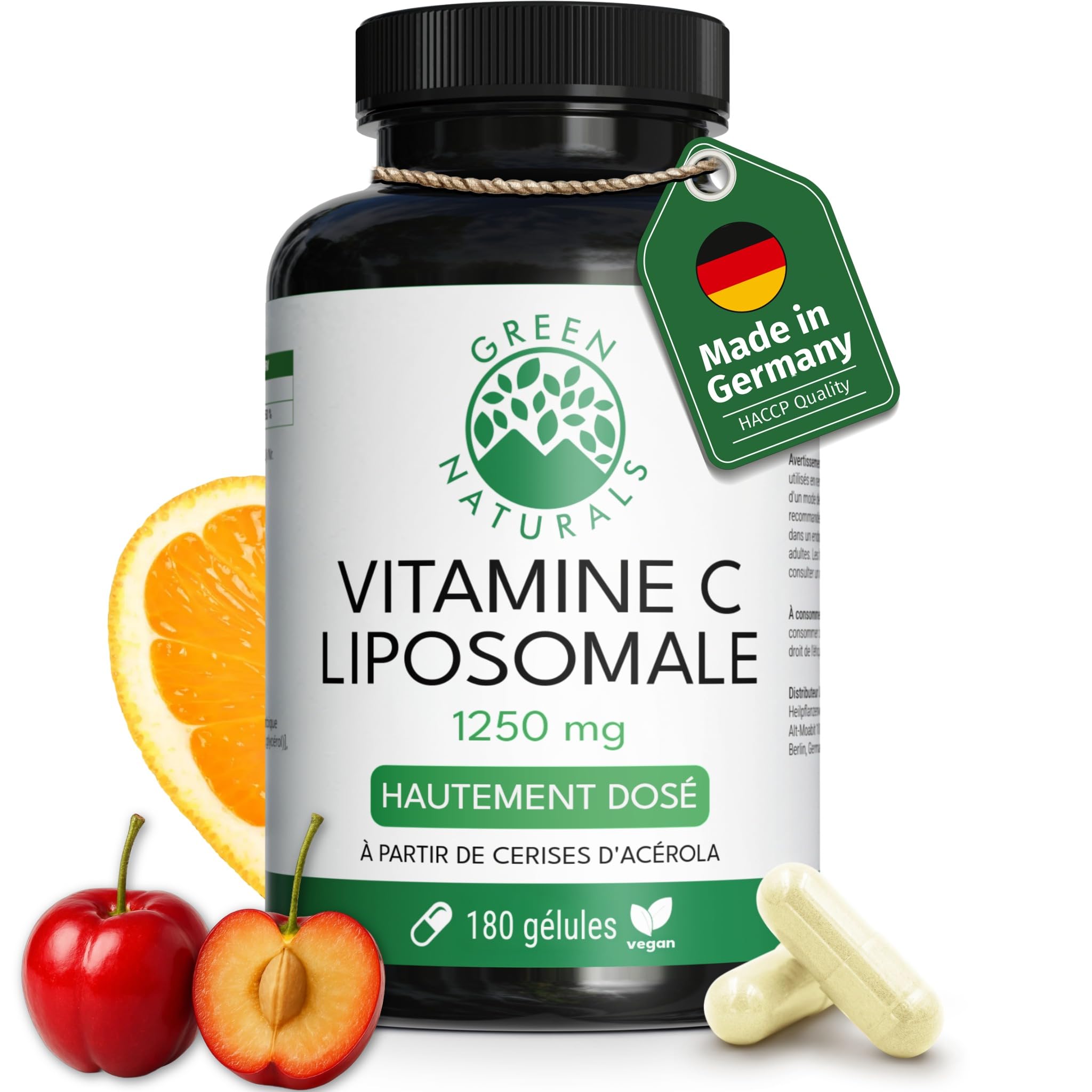 Green Naturals Vitamine C liposomale 1 250 mg – Acérola – 180 gélules | Technologie liposomale · À base d'acérola · Vegan · Cure de 3 mois