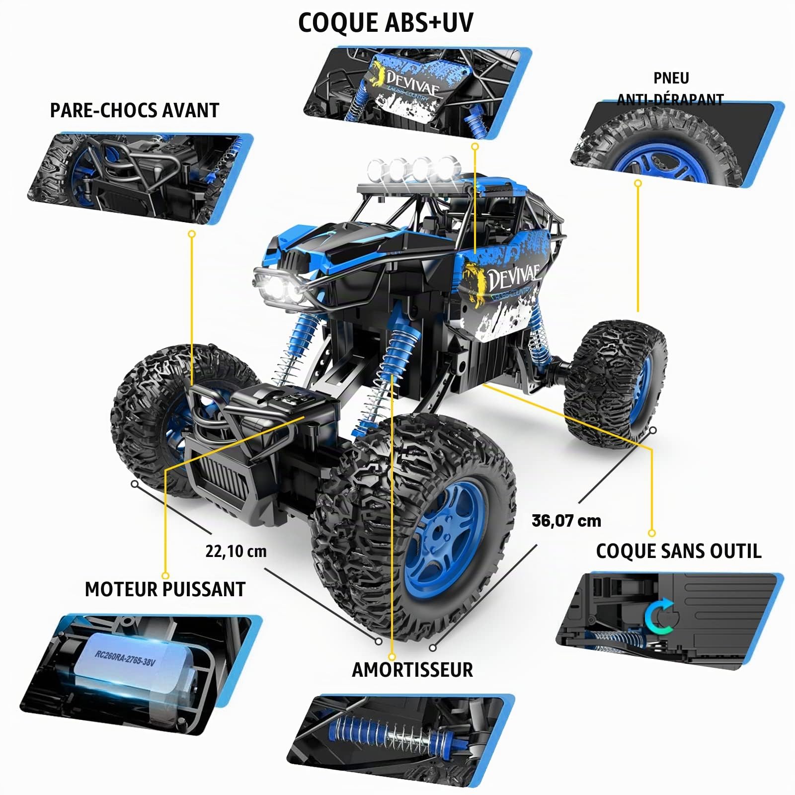 CROBOLL Grande voiture RC 1:12 avec fonction de levage, 2,4 GHz 20 km/h, cadeaux pour garçons 3, 4, 5, 6, 7, 8, camion RC Monster avec 2 batteries (bleu)