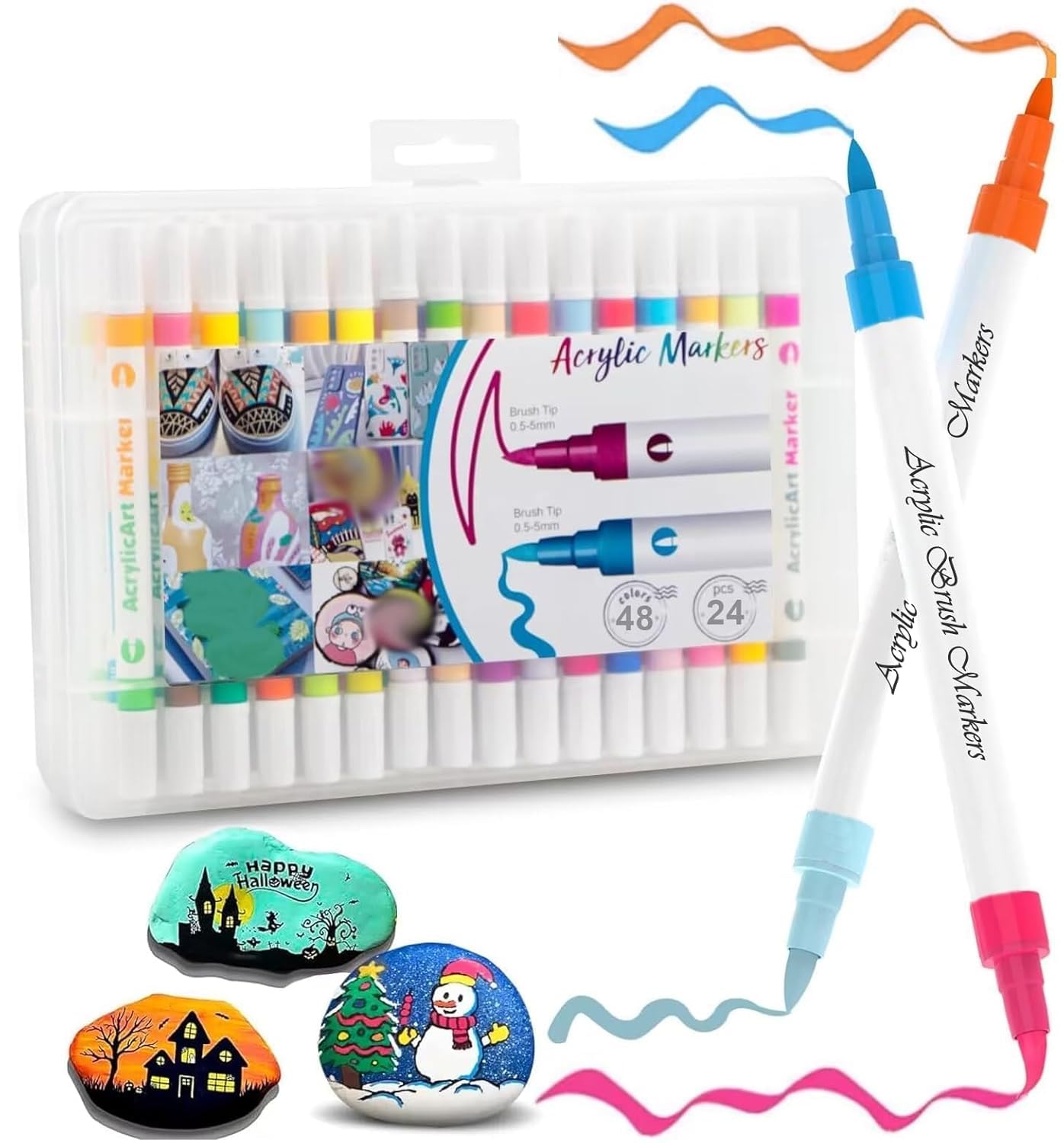 SUPER TOY 24 Acrylic Color 48 Shades Dual Tip Brush Marker Fineline Color Pens Set for Coloring Calligraphy Double Sided Art Markers for Kids Adult Artist, Journal, Doodling, Writing, Coloring Books