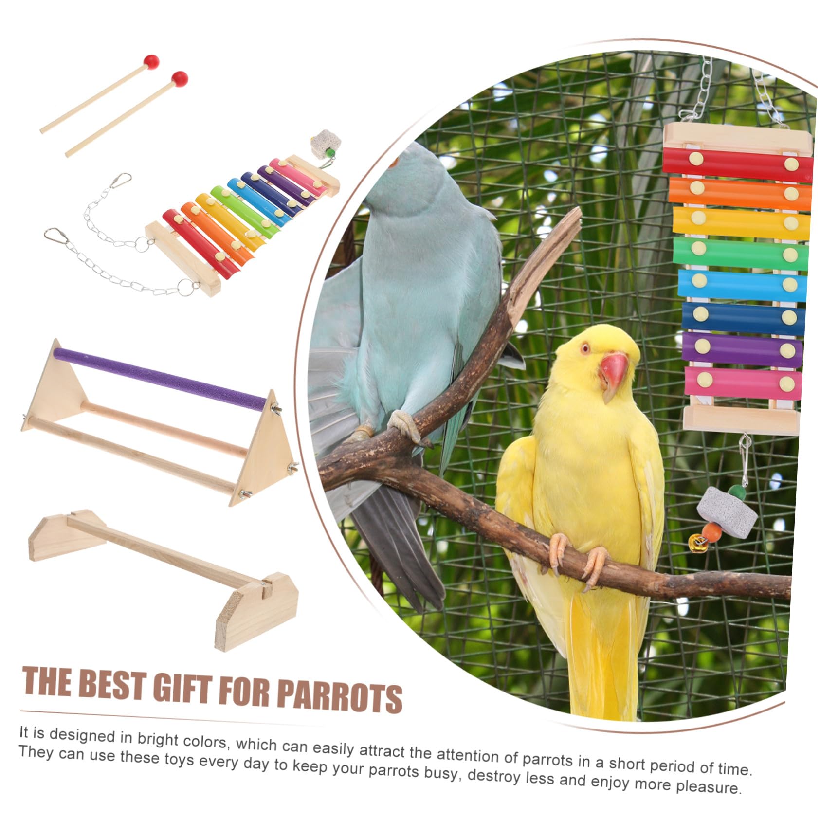 Juego de Accesorios para Aves Soporte de Madera para Pájaros, Barra de Madera para Descansar y Escalera para Gallinero, Adecuado para Relajación y Juego