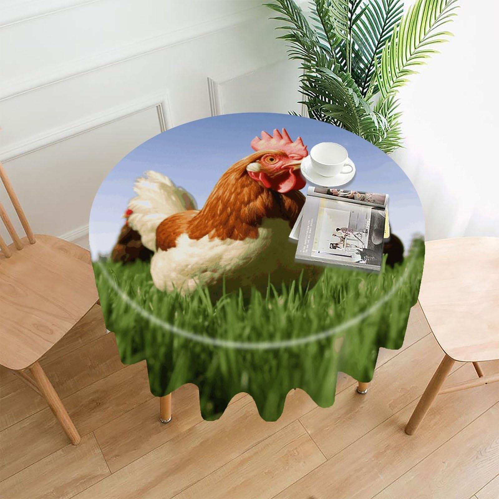 FodPand Funny Chicken Grass Round Tablecloth - 60 Inch Premium Polyester Table Cloth, Fashion Wrinkle Resistant Decorative Table Cover for Dining Kitchen Party Buffet Tables