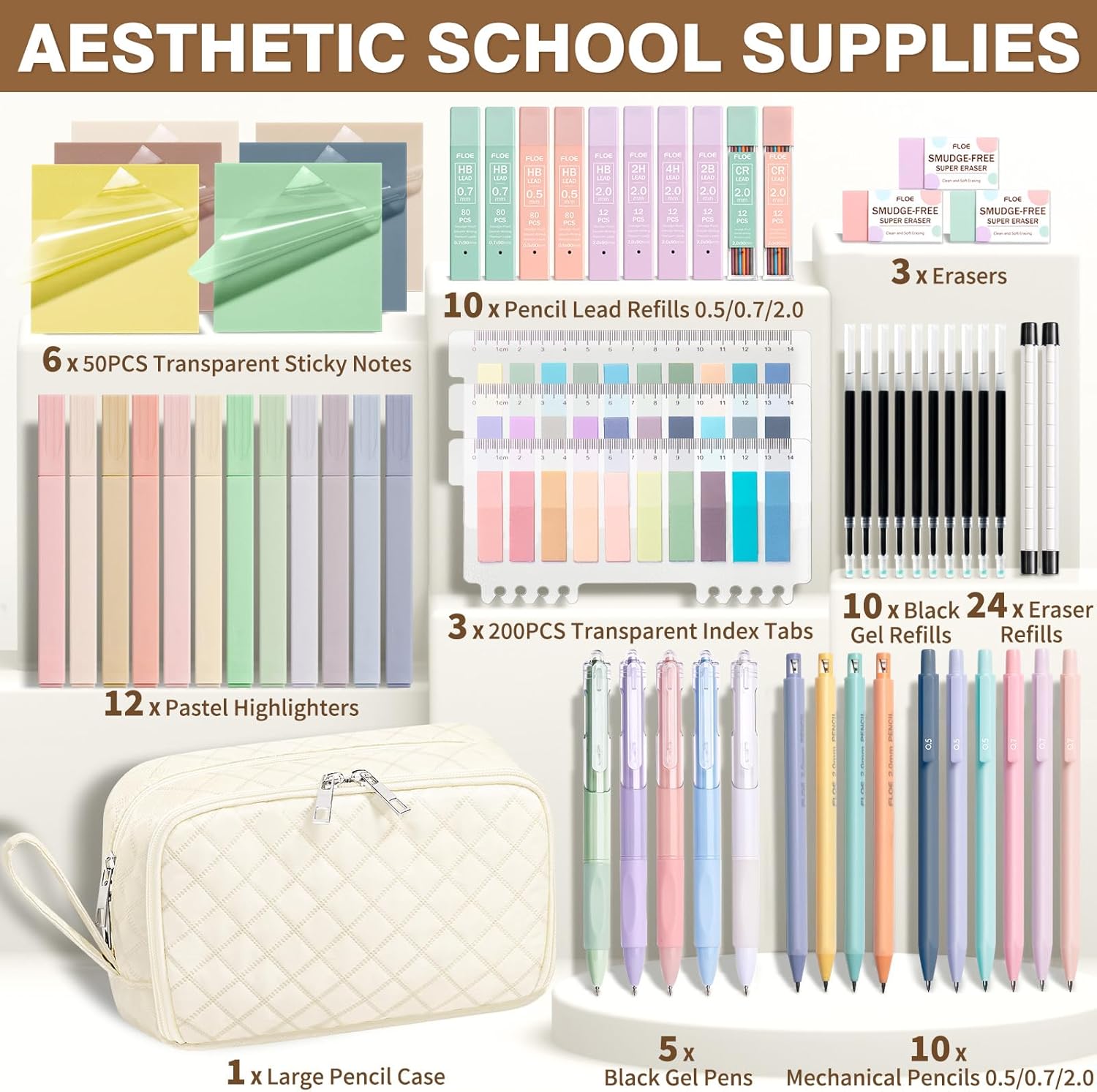 62PCS Aesthetic School Supplies with Cute Pencil Case, Pastel Highlighters Black Ink Gel Pens Mechanical Pencils Kit, Back to School Supplies College Essentials Preppy Stationary Set for Student Girls - Image 2