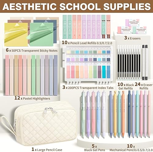Miniatura 2 de 62 piezas de suministros escolares estéticos con bonito estuche para lápices, resaltadores pastel, bolígrafos de gel de tinta negra, kit de lápices