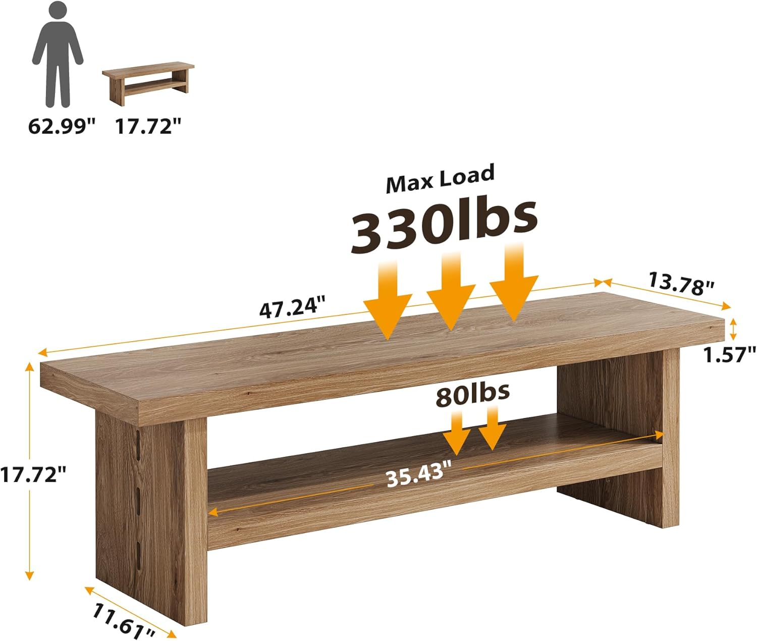 2 Tier Entryway Bench, 47.24" Shoe Bench, Rustic Shoe Rack, Wooden Storage Bench for Entryway Hallway Living Room Bedroom, Easy Assembly, Oak Color