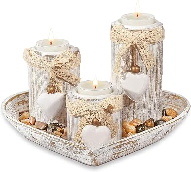 Tealight Candle Holders with Tray - Heart Shaped Candle Holders Gifts, 3-Pcs Wooden Candlestick Set for Wedding Dining Table Centrepiece Decor