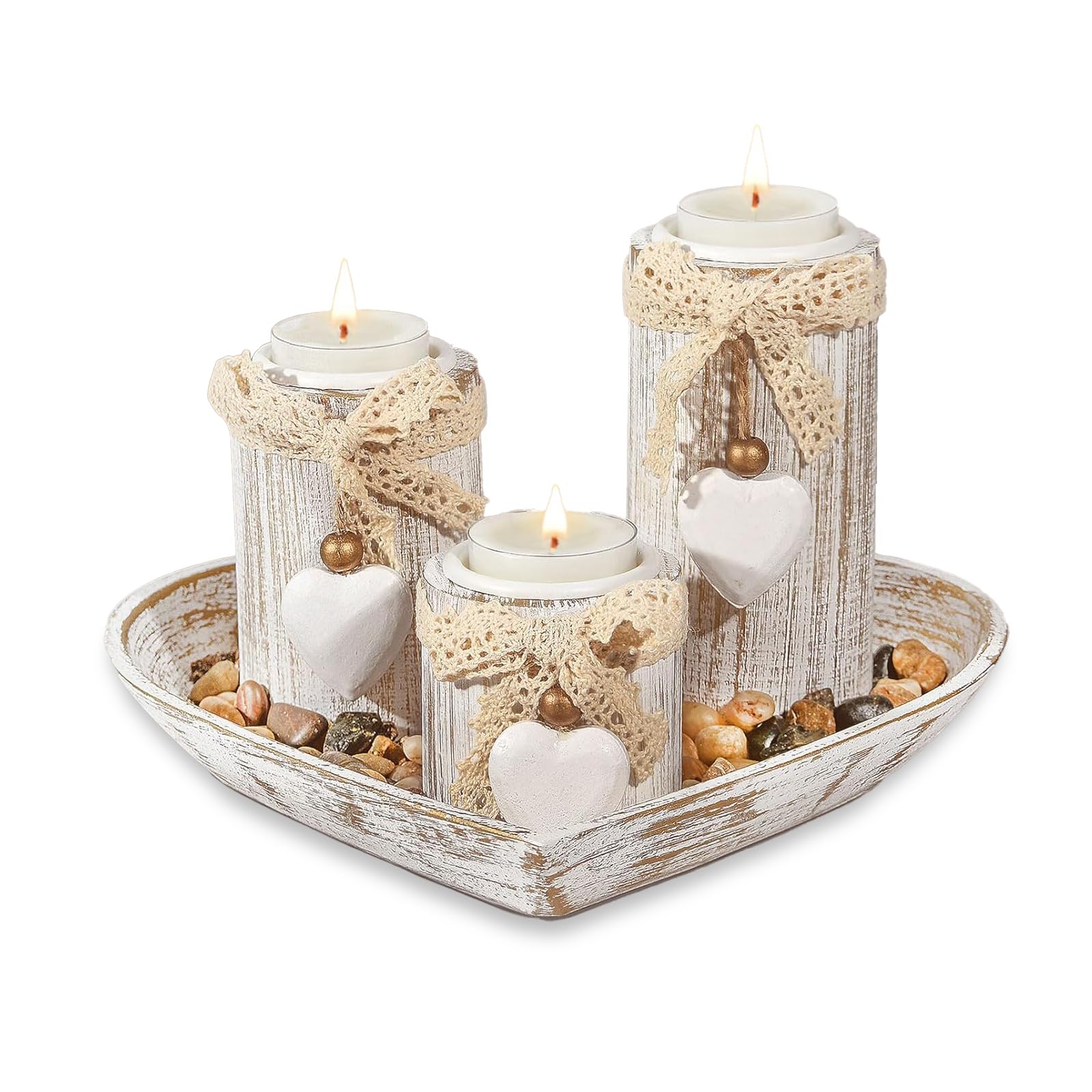 Joyseedi White Tealight Candle Holders With Tray - Heart Shaped Candle Holders Gifts, 3-Pcs Wooden Candlestick Set For Wedding Dining Table Centrepiece Decor