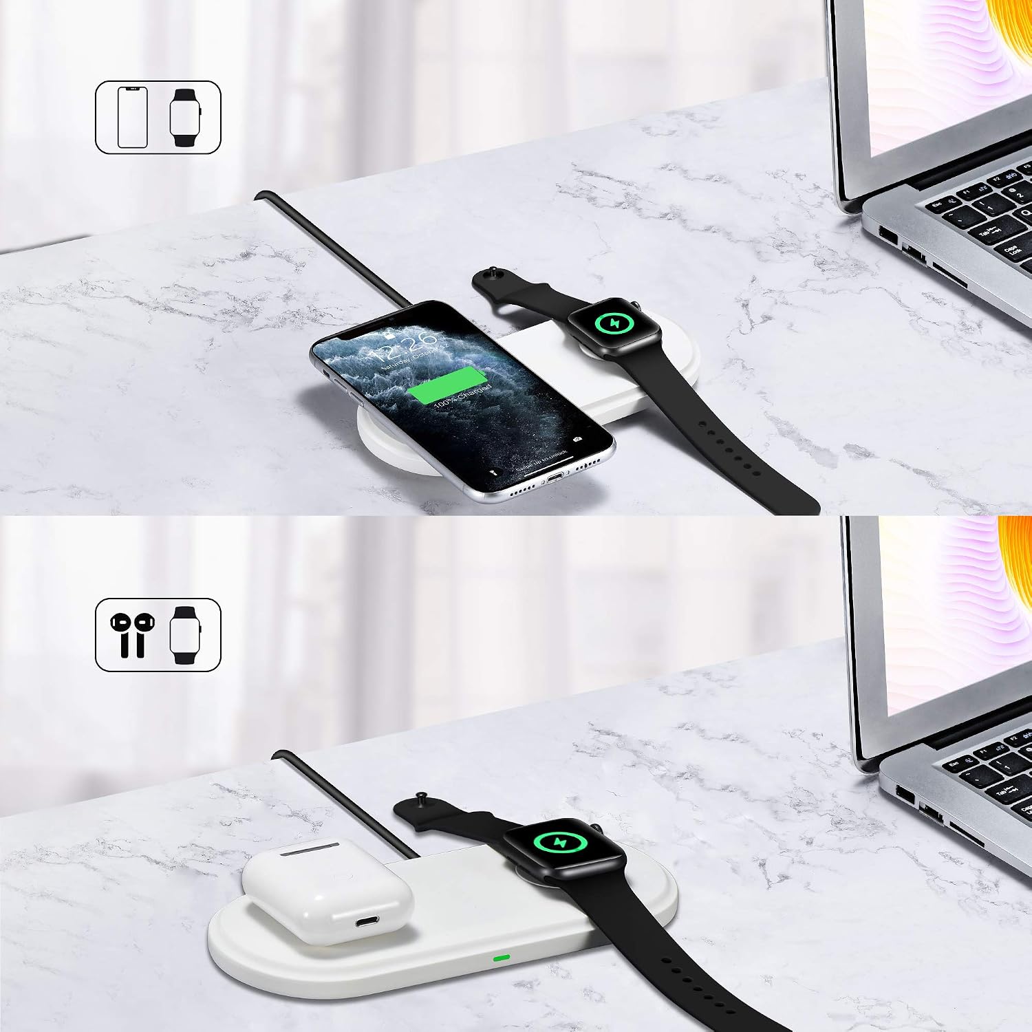 MFi Certified 2-in-1 Wireless-Charger-for-Watch-iPhone Airpods 10W Fast Qi Wireless-Charging-Mat iWatch Charger Pad Station for iPhone 13/13 Pro/12/12 Pro/11/X/8 Adapter Included