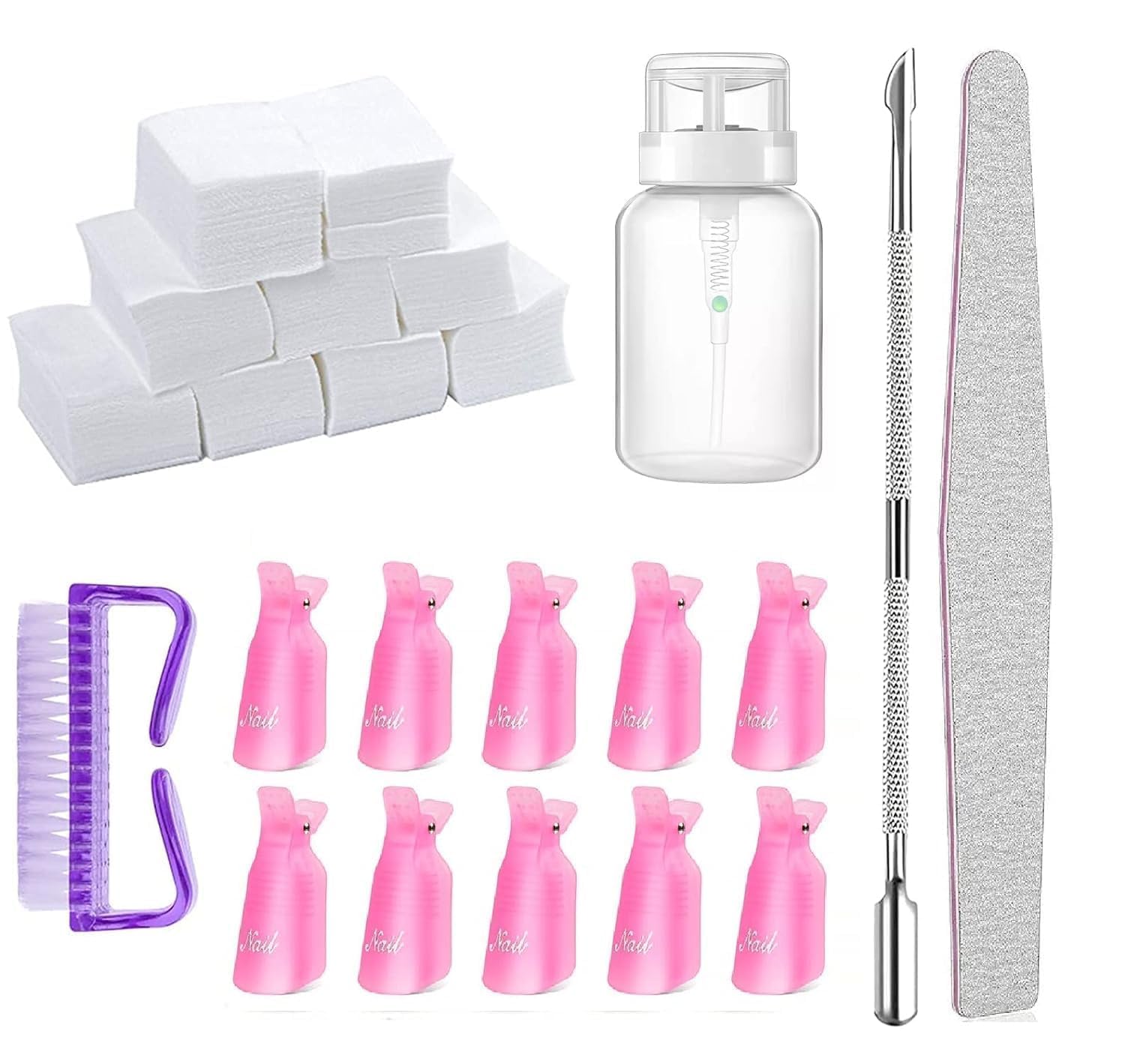 Nail Polish Gel Remover Tools Kit - 1000 Nail Remover Cotton Pad,10 Pcs Soak Off Cap Clip,1 Nail File,1 Pcs Press Bottle, Nail Brush, Cuticle Pusher Tools Kit-image-47