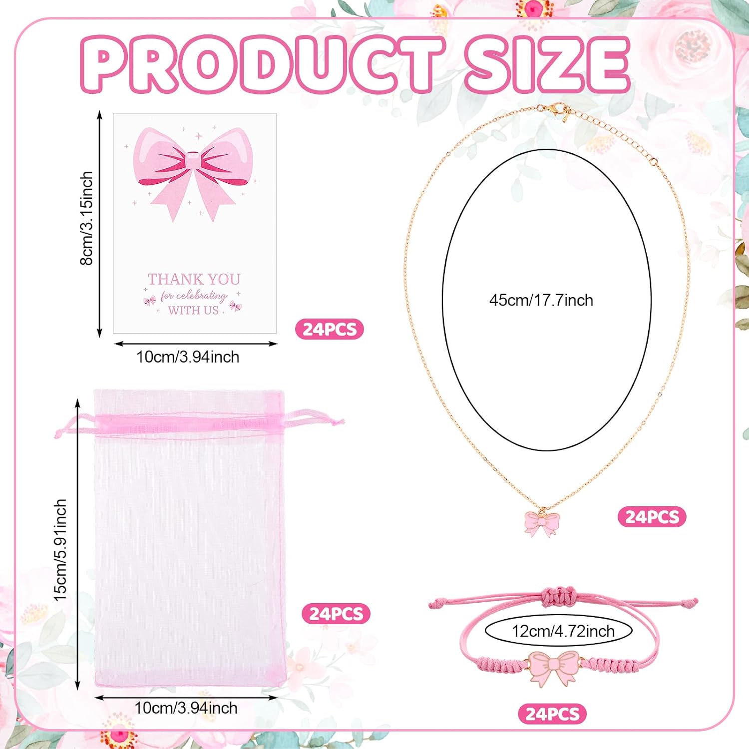 24Sets Bow Party Favors Gifts Bulk Coquette Bow Braid String Bracelets Bows Necklace Ribbon Jewelry Bulk Pendant Charms Hair Ties Bag Card Cheerleader Adjustable String Rope Braided Favor