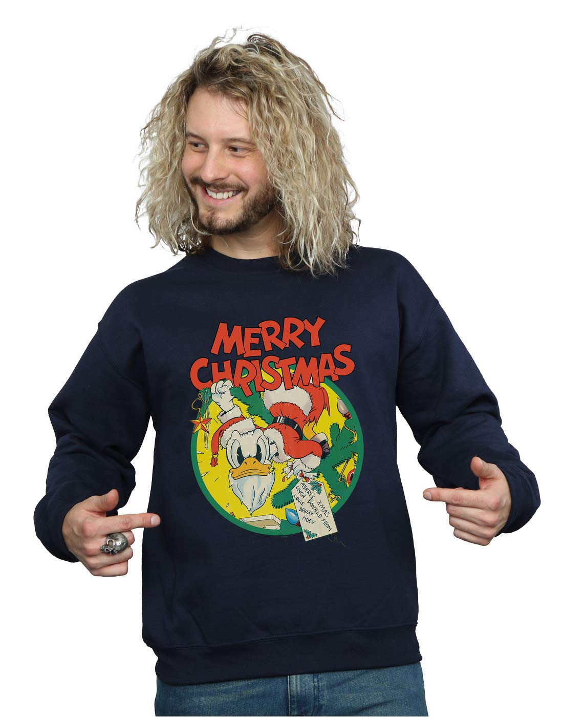 Absolute Cult Men's Navy Blue Disney Donald Duck Merry Christmas Sweatshirt Medium