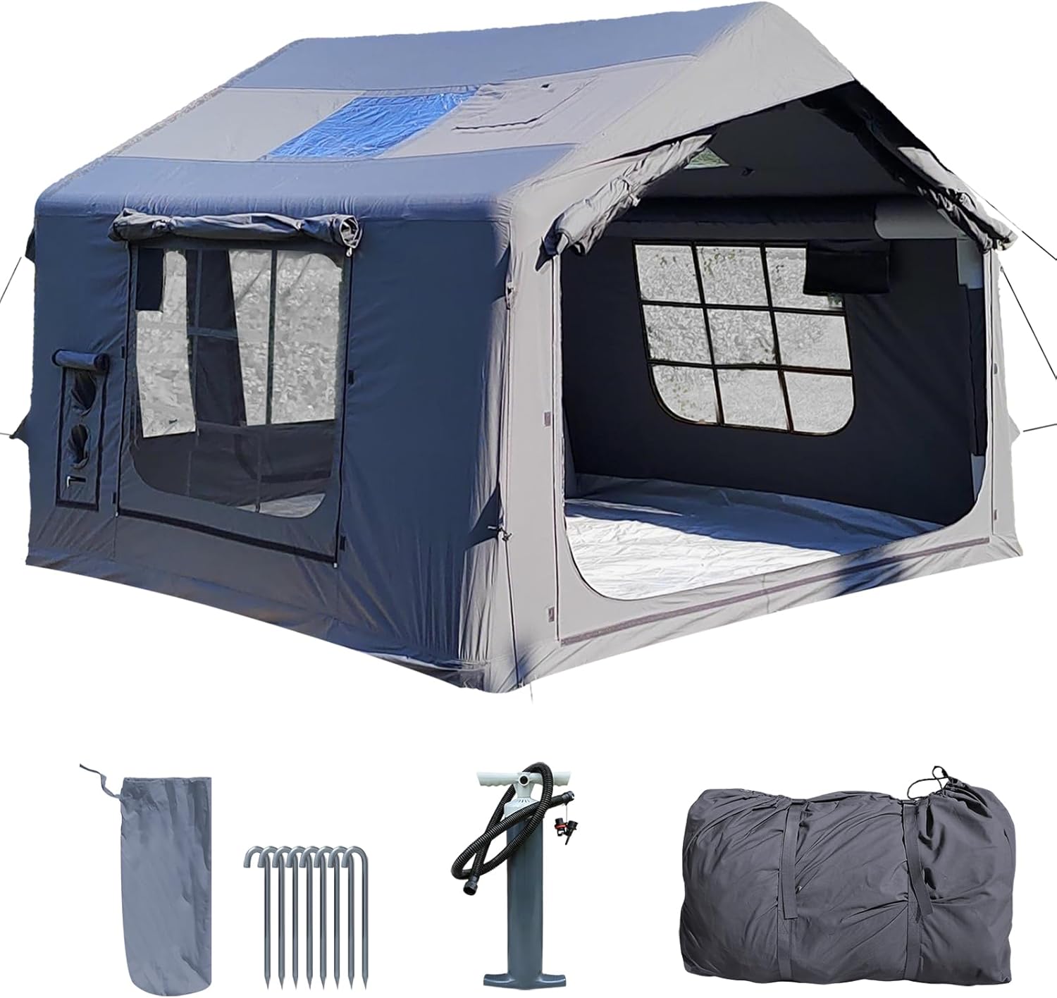 8㎡ Luxury Inflatable Camping Tent for 3-8 People, UV-Resistant 4-Season Family Tent with Chimney Port & Skylight, Oxford Fabric or Tech Cotton – White, Tank Gray, Aurora Green