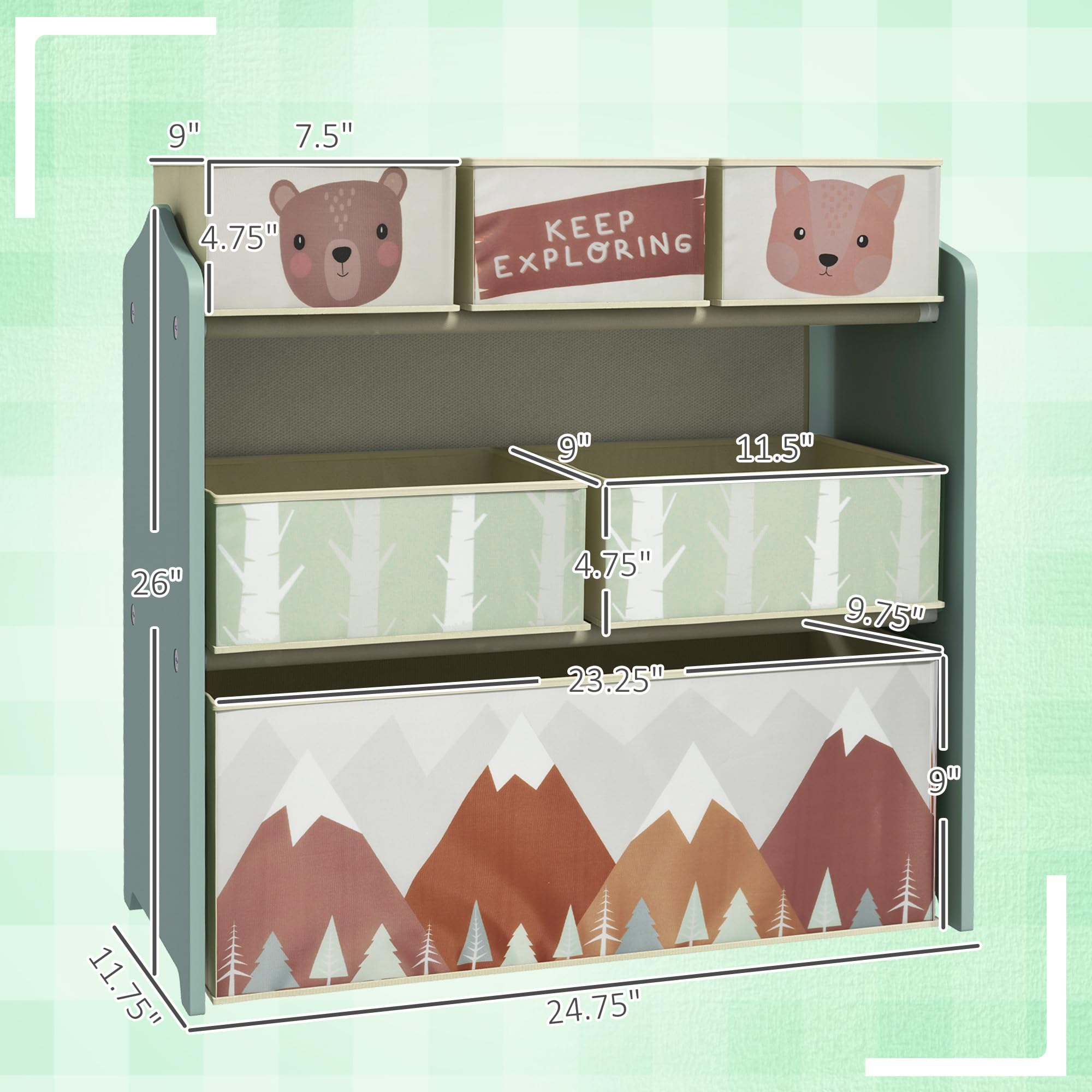Qaba Spielzeug-Organizer mit 6 Aufbewahrungsbehältern, Kinder-Aufbewahrungseinheit für Schlafzimmer, Kinderzimmer, 63,5 x 30,5 x 66 cm, Grün