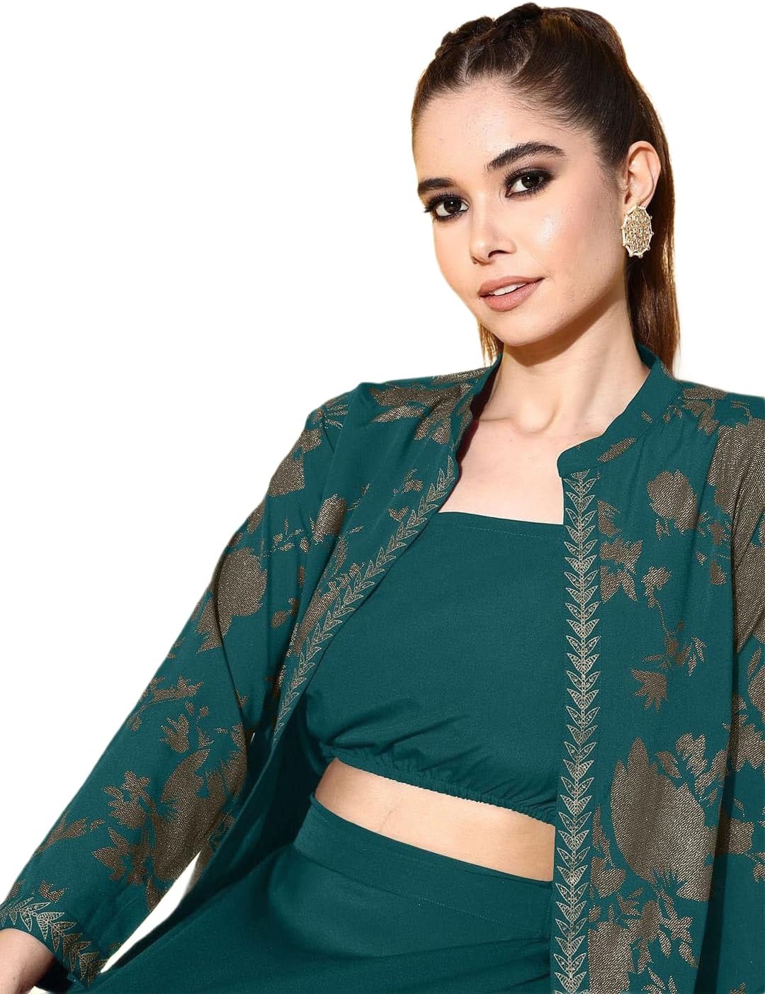 Women's Printed Top & Jacket With Skirt, 3-Piece Clothing Set, Traditional Indian Style