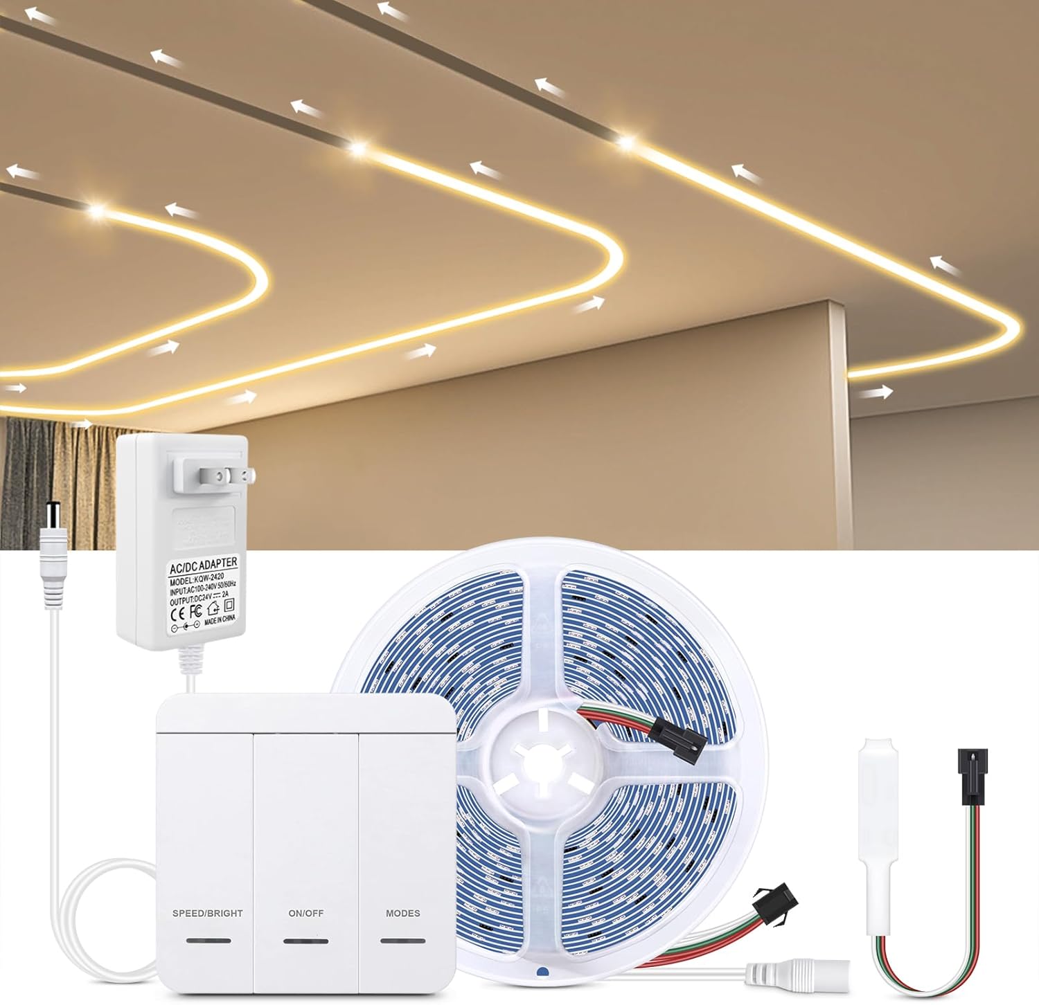 Chasing LED Lights 32.81ft 3000K, Light Chaser Strips with 17 Dynamic Lighting Effects & Panel Control. Perfect for Bedroom, Bar, Living Room, Party & Home Decor (Warm White 3000K)