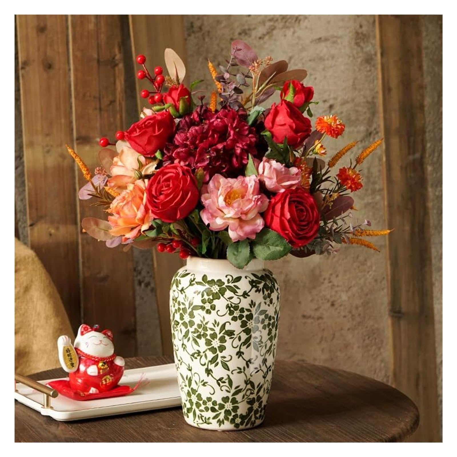 Vase en céramique pour fleurs et décoration de maison verte craquelée