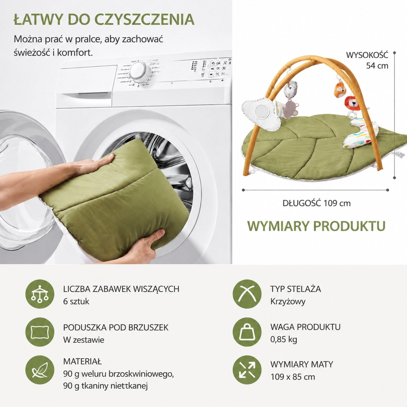 Mata aktywności z łukiem, 6 zawieszek, powierzchnia w kształcie liścia i poduszka brzuszna do domu
