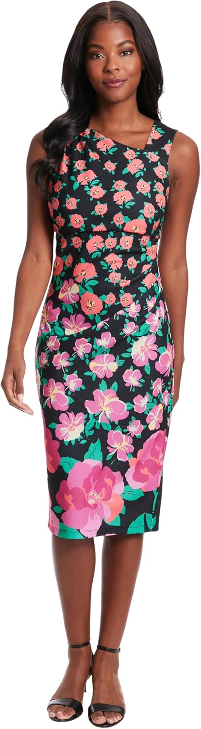 London Times Women's Sleeveless, Asymmetric Neck, Pleated Midi Dress for Women | Wedding Guest Dresses for Women