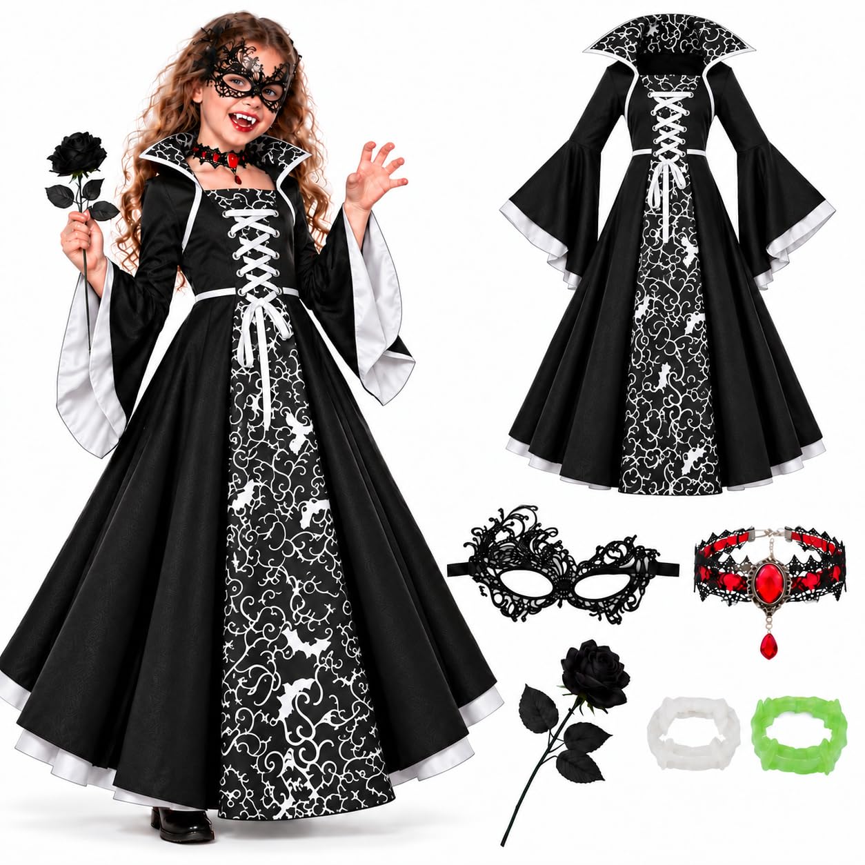 Girls Halloween Costumes Vampire Dress, Kids Vampire Costume with Mask Choker Rose & Fangs, Gothic Victorian Long Sleeve Fancy Dress Outfit for Girls, Halloween Costumes for Kids