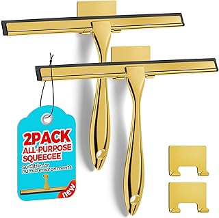 2PACK 10-Inch Golden All-Purpose Shower Squeegee for Shower Doors, Bath Linen Sets, Tile Shower Walls, Bathroom, Window, Glass and Car Windshield, Mirrors and Kitchen-Stainless Steel