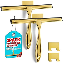 ALFLOD 2PACK 10-Inch Golden All-Purpose Shower Squeegee for Shower Doors, Bath Linen Sets, Tile Shower Walls, Bathroom, Window, Glass and Car Windshield, Mirrors and Kitchen-Stainless Steel