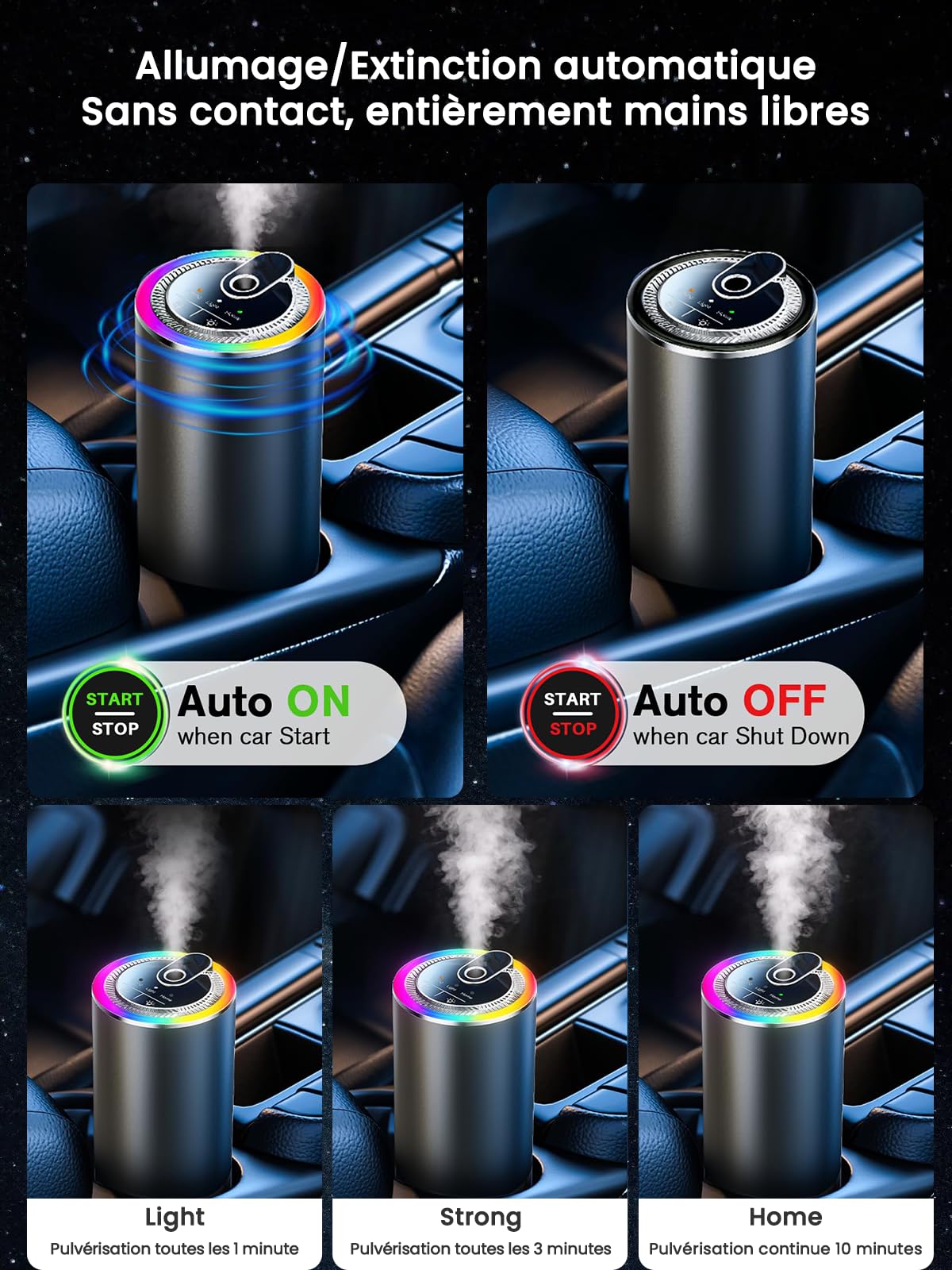 Diffuseur Voiture avec 50ml Parfum, atomiseur ultrasonique, lumière à Commande vocale, 3 Modes intelligents, Marche/arrêt Automatique, Batterie 1000 mAh, BJ 573 (Océan)
