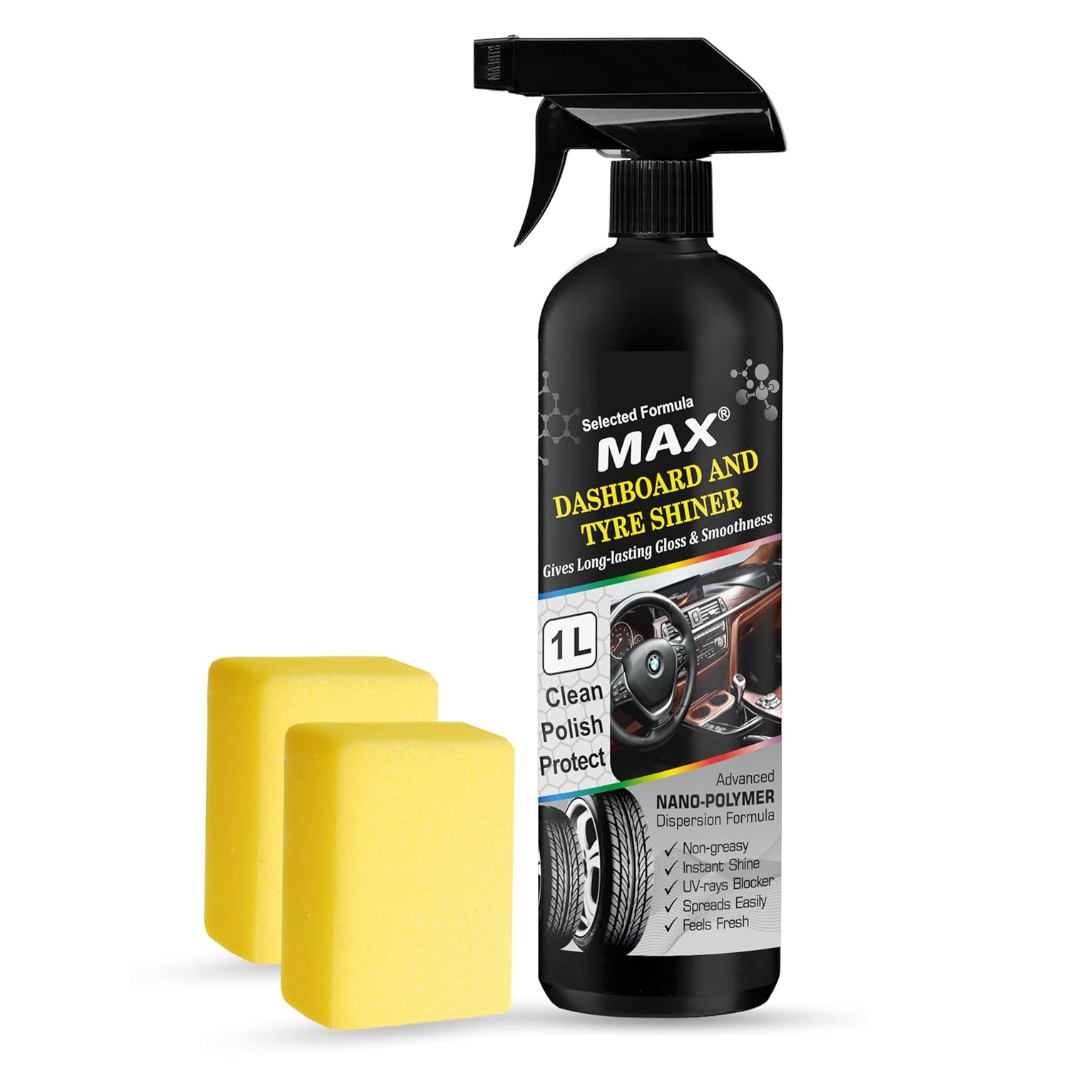 MAX Dashboard and Tyre Shiner Spray (1 LTR) with Instant Shine, UV Protection, Non-Greasy, Long Lasting Gloss and Smoothness MAX Dashboard and Tyre Shiner Spray (1 LTR) with Instant Shine, UV Protection, Non-Greasy, Long Lasting Gloss and Smoothness