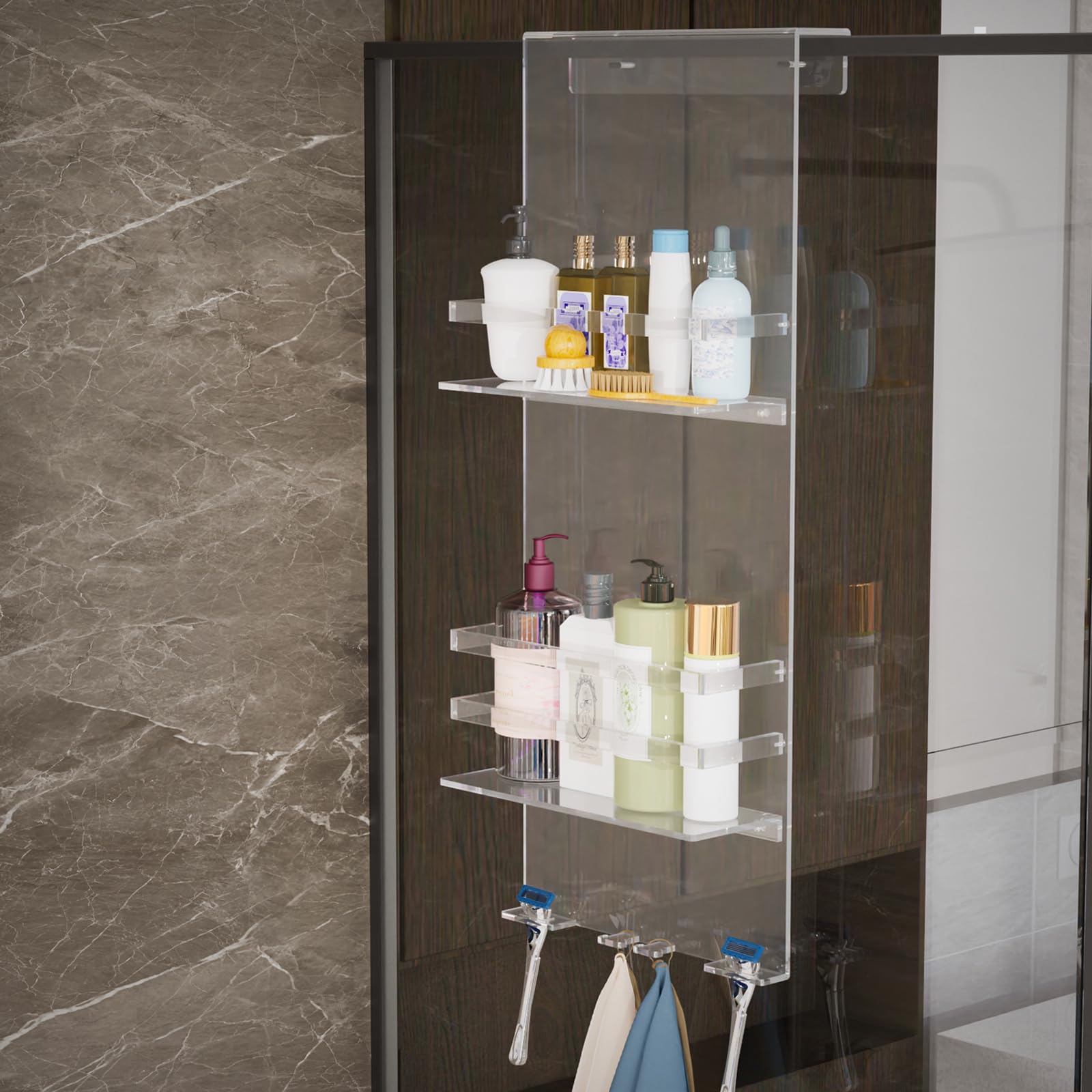 Acryl Duschablage zum Hängen, Duschregal Ohne Bohren, Dusch Organizer über der Duschtür, Shampoo Duschgel Halterung für Dusche, Duschkorb zum Hängen mit Haken Hängendes Handtücher Rasiermesser