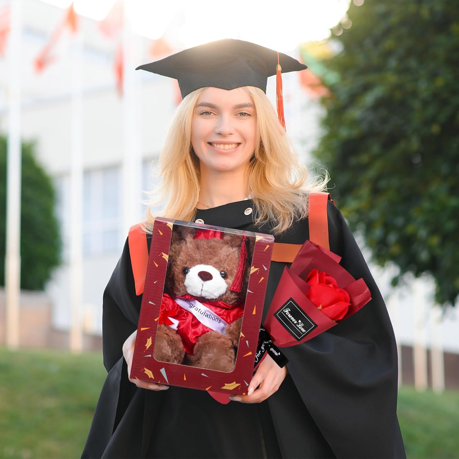 Vinsot Graduation Gifts Set Class of 2026 Graduation Stuffed Bear with Soap Artificial Flower 16 Oz Glass Bottle Inspirational Notebook and 3 Ballpoint Pens Grad Gifts for Her Him(Wine)