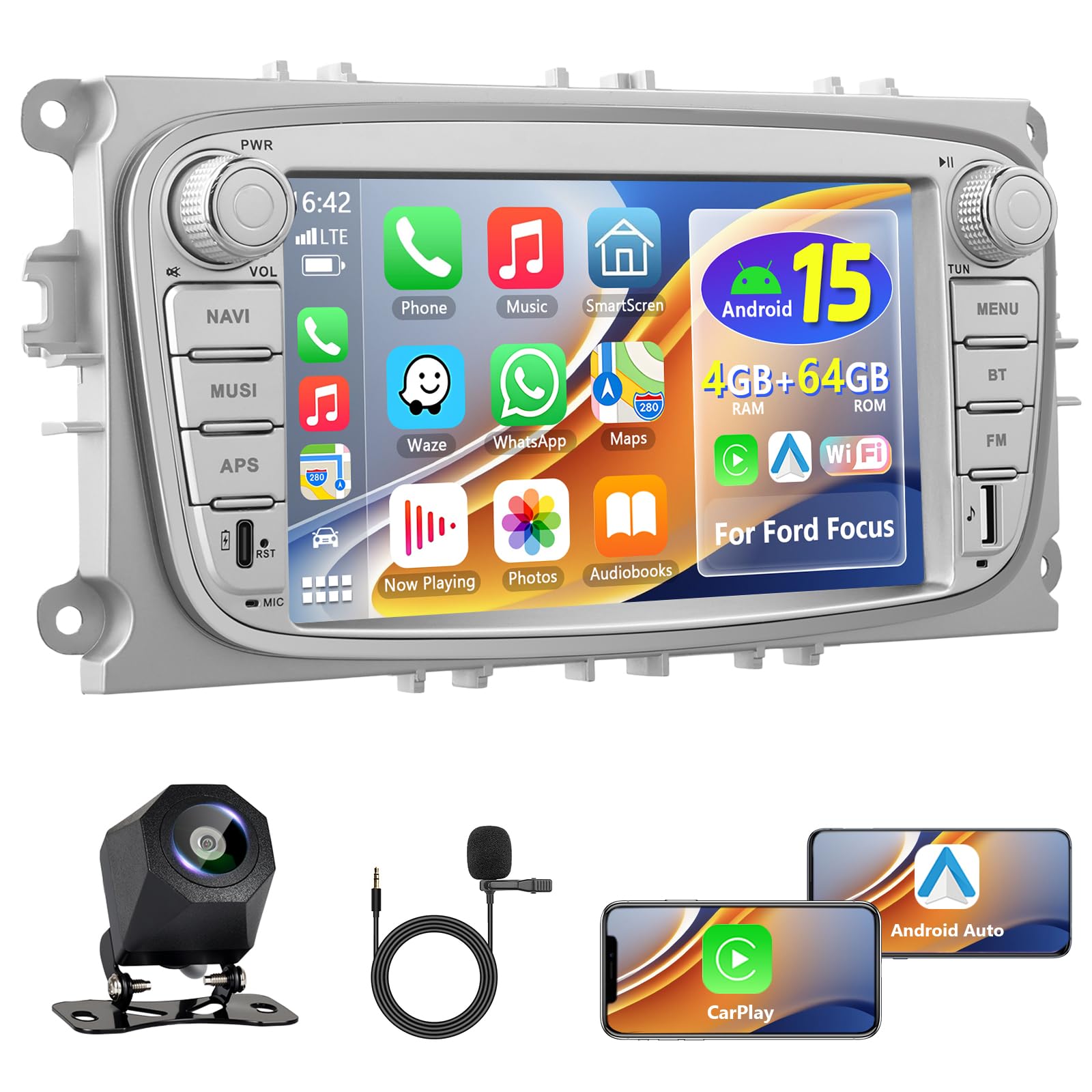 Qualcomm 8 Core 4GB+64GB Carplay Autoradio für Ford Focus II MK2/S-Max/Mondeo MK4/Galaxy II C-Max 06-11 mit Android Auto, 7" Car Stereo Con GPS 5G-WLAN SWC BT EQ Canbus + Rückenkamera