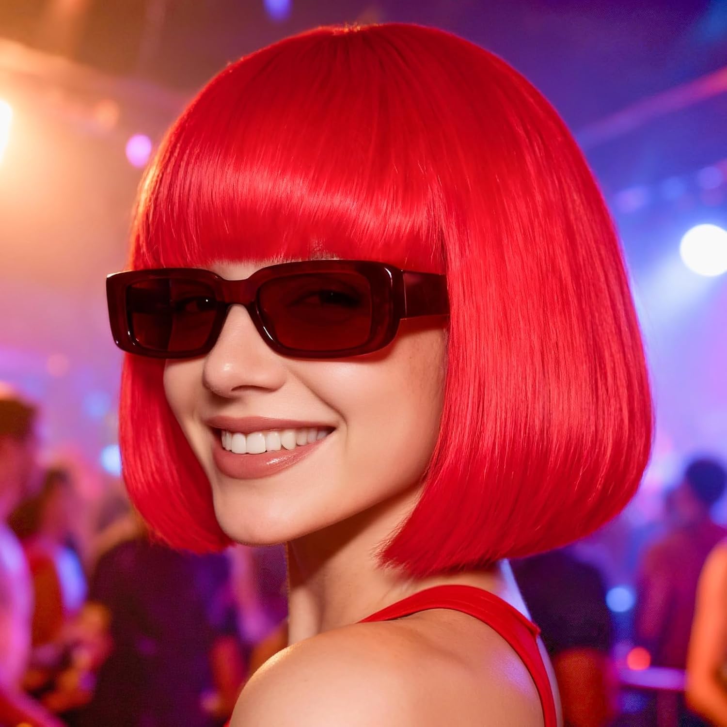 Hair Cap+Bright Red Bob Wig with Sunglasses Short Bob Wigs with Bangs Adult Neon Party Wig Short Straight Costume Fashion Synthetic Hair for Party Halloween Christmas Music Fest Cosplay - Image 3