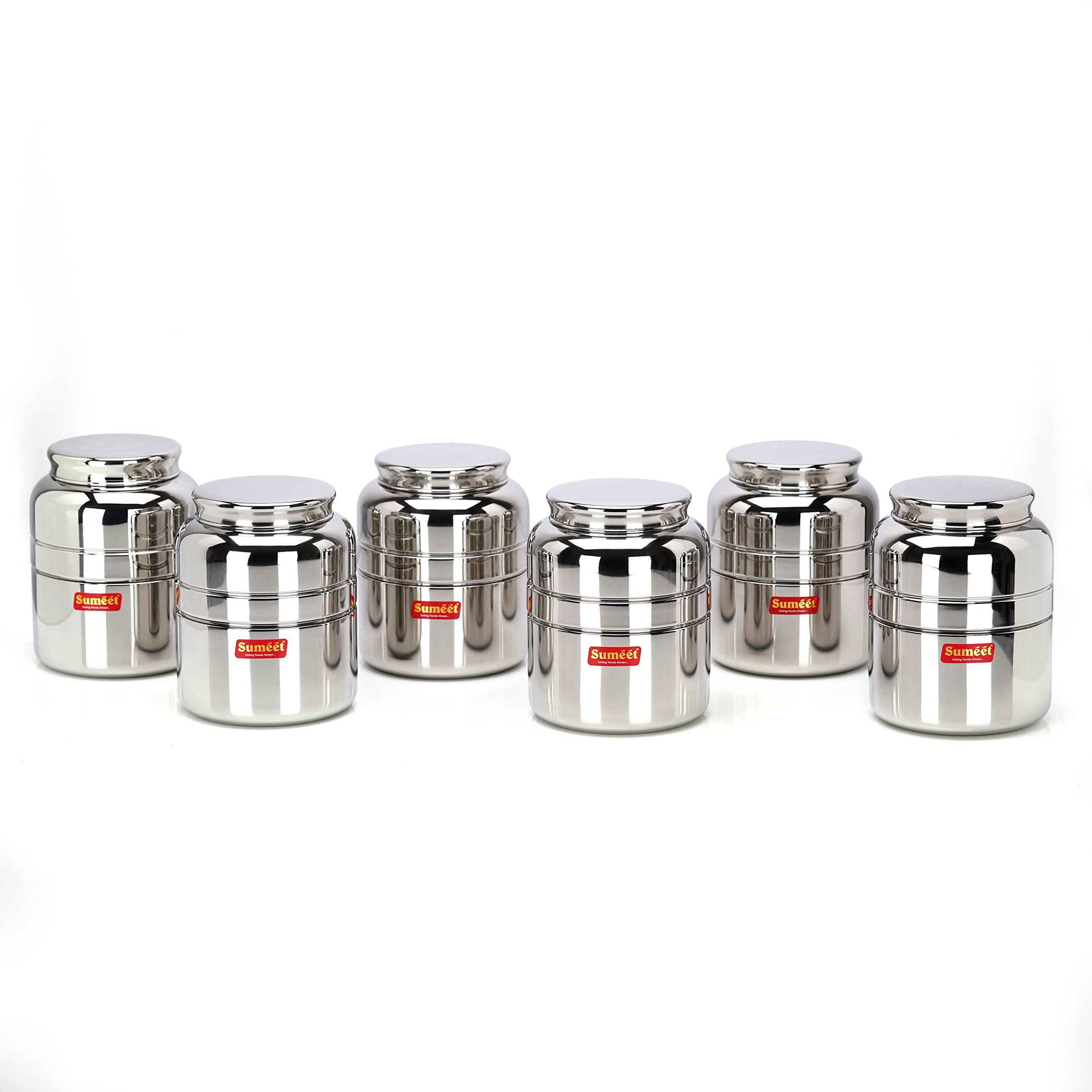 SumeetStainless Steel Unique Traditional shape Storage Containers, Set of 6 Pcs, 1400ml Capacity each, 11.5cm Dia, Silver