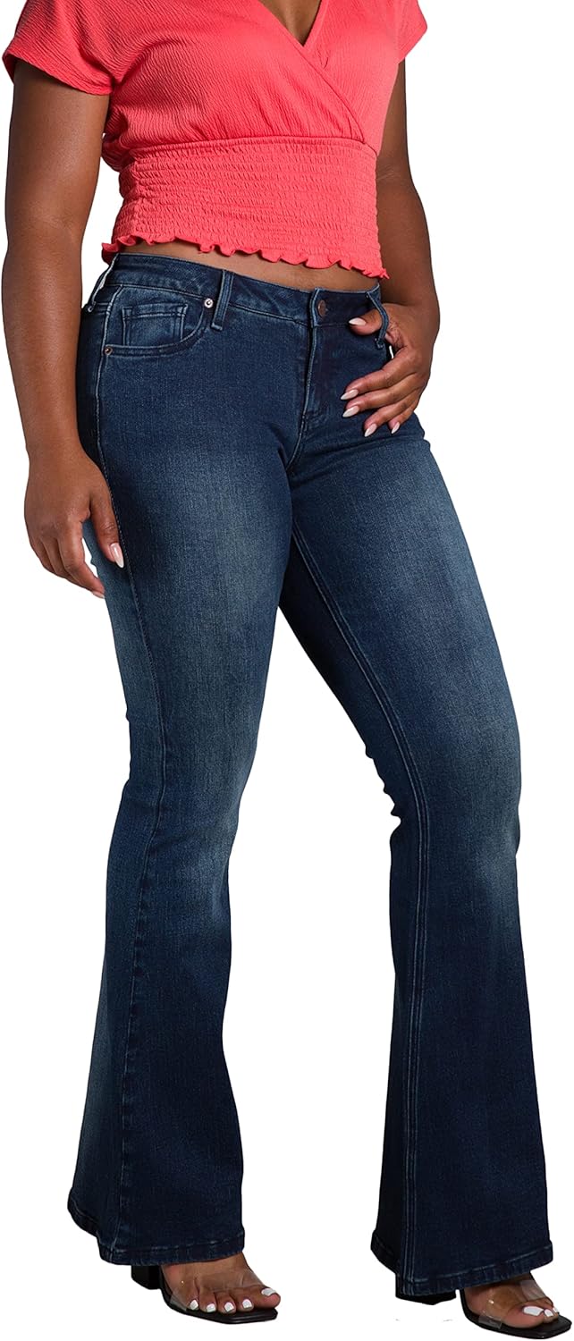 Poetic Justice Women's Curvy Fit Stretch Denim Distressed Flare Boot Cut Jeans Regular Inseam and Tall Inseam