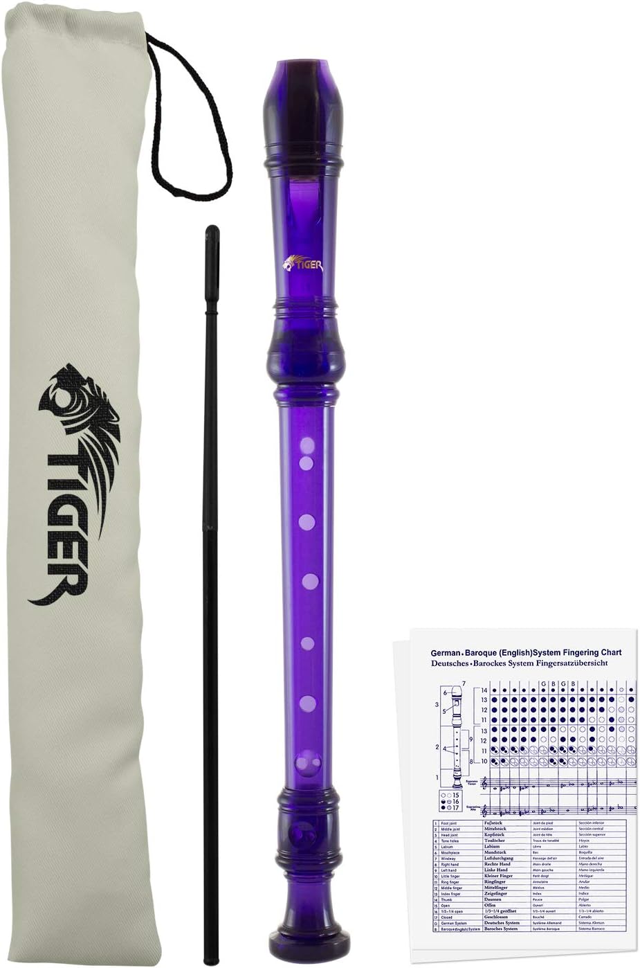 REC7-PU Descant/Soprano School Recorder with Bag, Cleaning Rod and Chart, English/Baroque - Purple