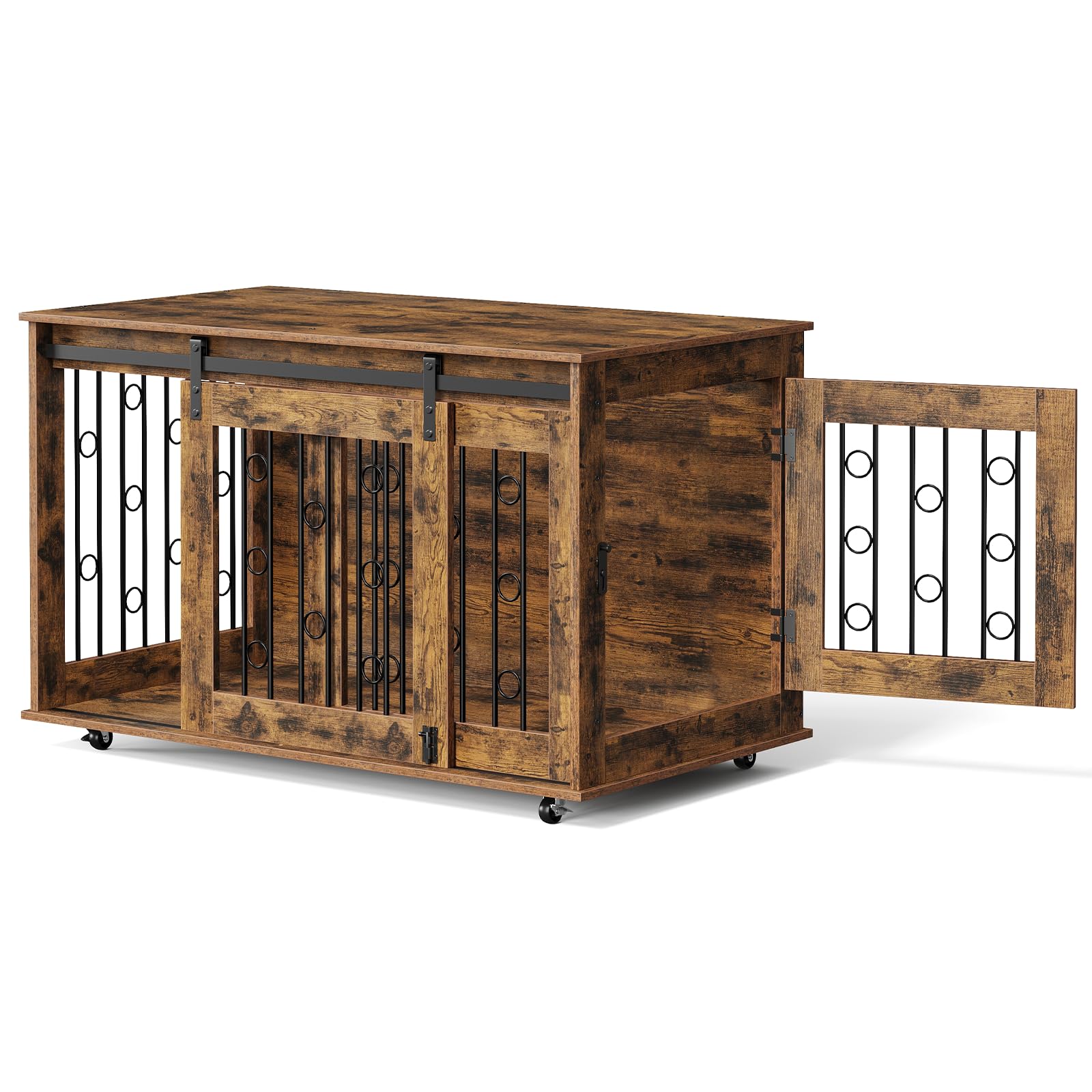 EUGAD Jaula para Perros Interior,Dog Crate para Perro de Madera | para Perros Medianos Grandes,con Ruedas y Puertas,Caseta Móvil Perros hasta 120KG,Moderna Casa Perro 100x56x58cm