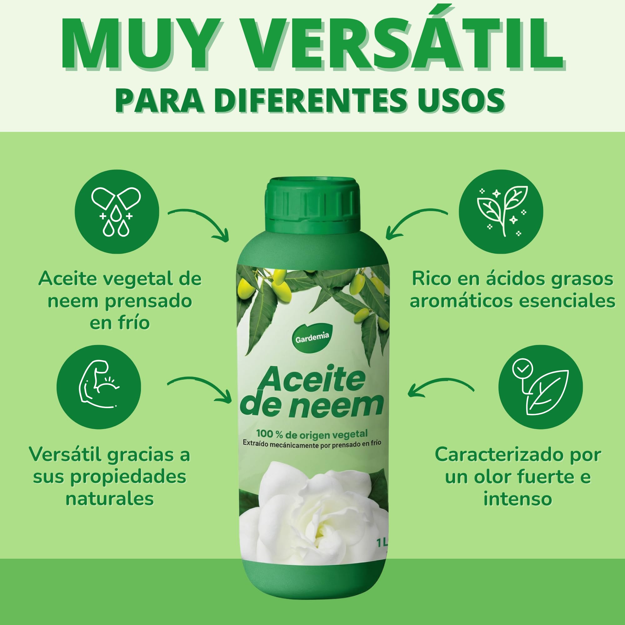 Gardemia Aceite de Neem con Emulsionante 1L miscible en agua 100% de origen vegetal extraído mecánicamente por prensado en frío de los frutos del árbol Neem