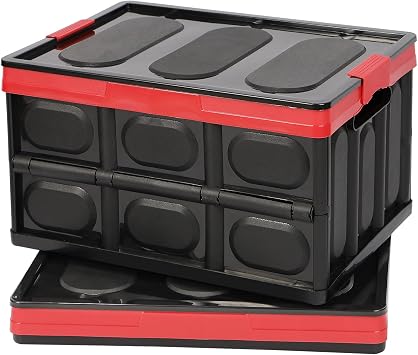 2 Pack Collapsible Storage Boxes Shelf Crates 30L Lidded Storage Bins Plastic Tote Storage Box Container Stackable Folding Utility Crate Clothes Book Snack Shoe Grocery Holder Organizer-Black
