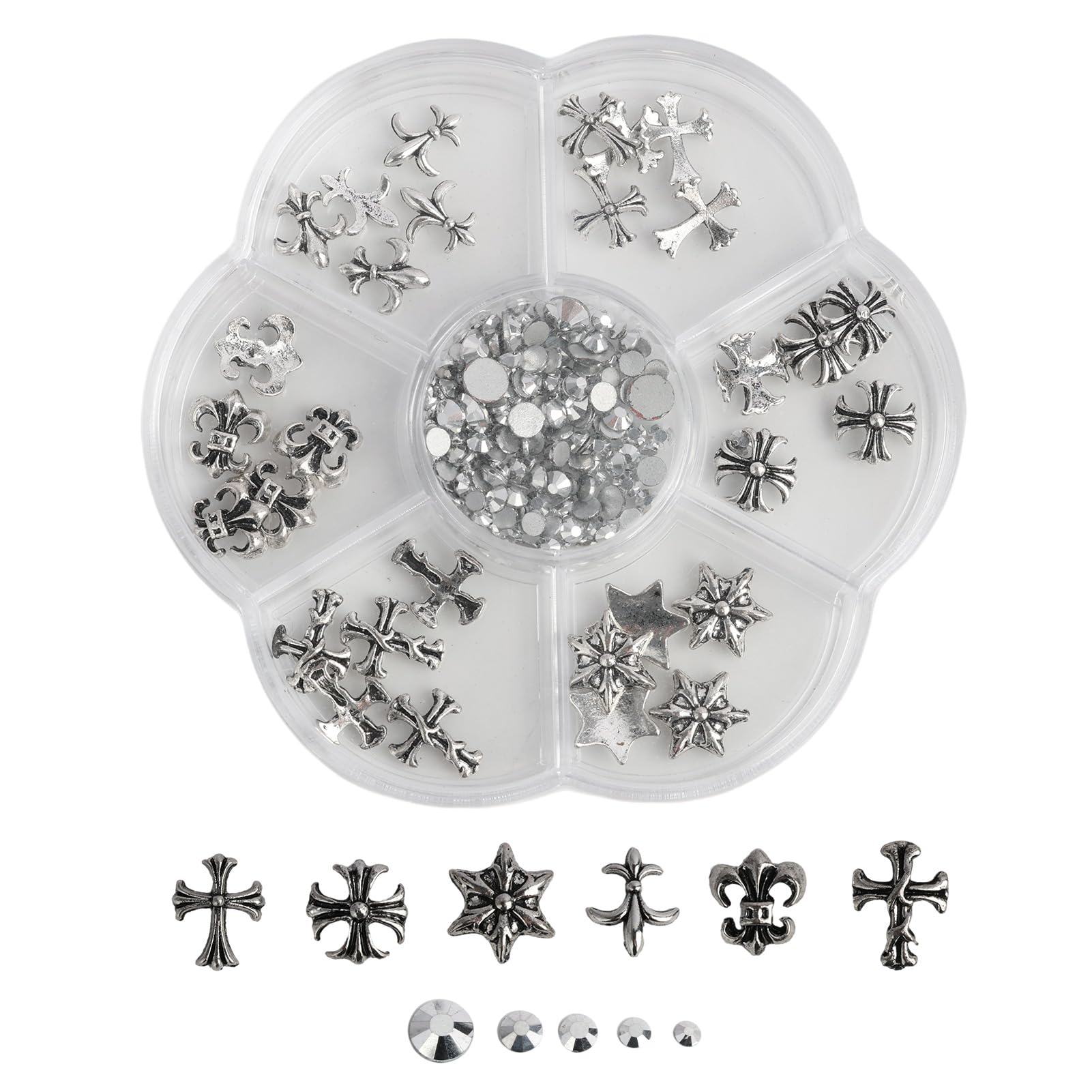 230 Pcs Chrome Metal Cross Pendants Nail Art Gothic Heart Skull Decoration Manicure DIY Projects