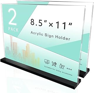 Acrylic Sign Holder 8.5 x 11 Plastic Sign Holder, 2 Pack, T Shape Clear Table Top Holders, Double Sided Paper Desktop Display Stand, Horizontal Ad Frames, Flyer Document, for Store, Office, Horizontal