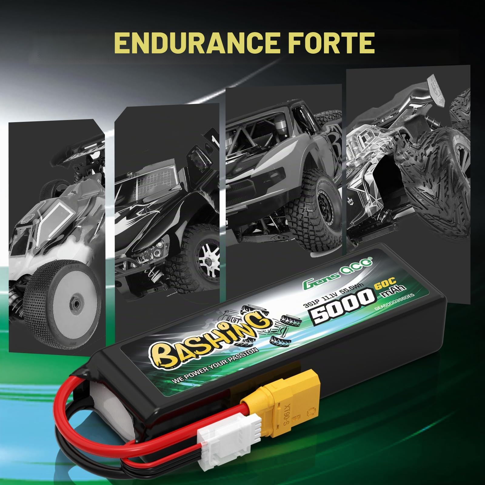 Gens ace Batterie LiPo 3S 5000mAh 11.1V 60C avec Connecteur XT90, Bashing Series, pour Voitures RC 1/7 1/8 1/10 Buggy Truggy Monster Truck