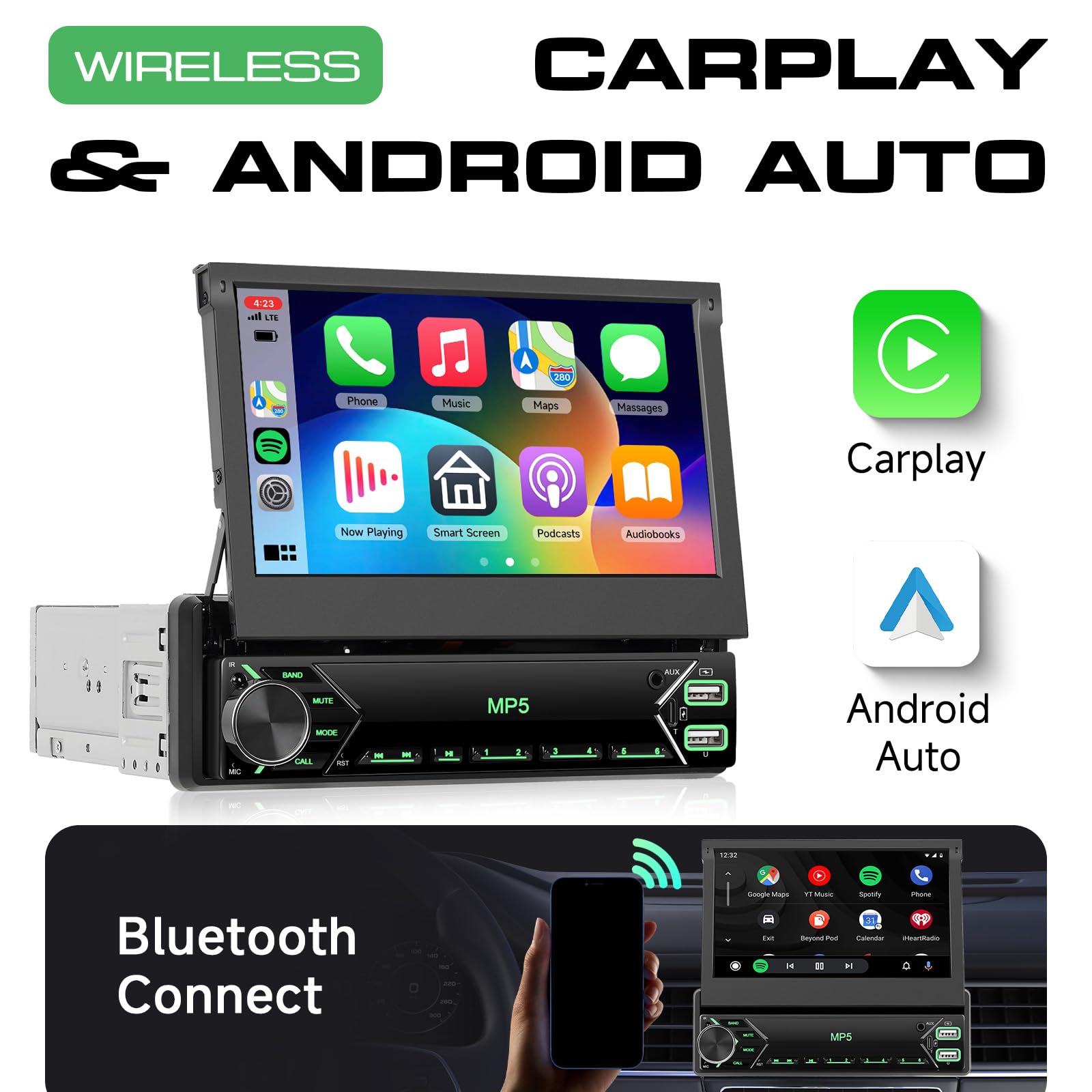 Dab Autoradio 1 Din avec Ecran Retractable de 7 Pouces, Hodozzy Écran Tactile Radio 1 Din avec sans Fil Carplay Android Auto, Bluetooth, Lien Miroir, EQ, FM, SWC, USB, Type-C + Caméra de Recul et MIC