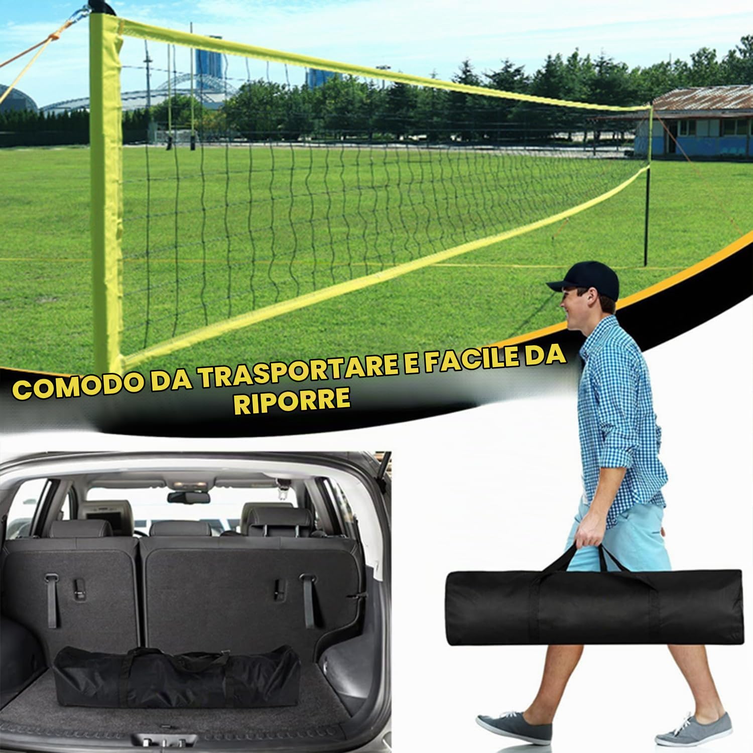 Set di rete da pallavolo, 9,5 m x 1 m, pieghevole, set completo di rete con pali in acciaio,Sistema di marcatura del campo, palloni da pallavolo e sacca portaoggetti, altezza regolabile
