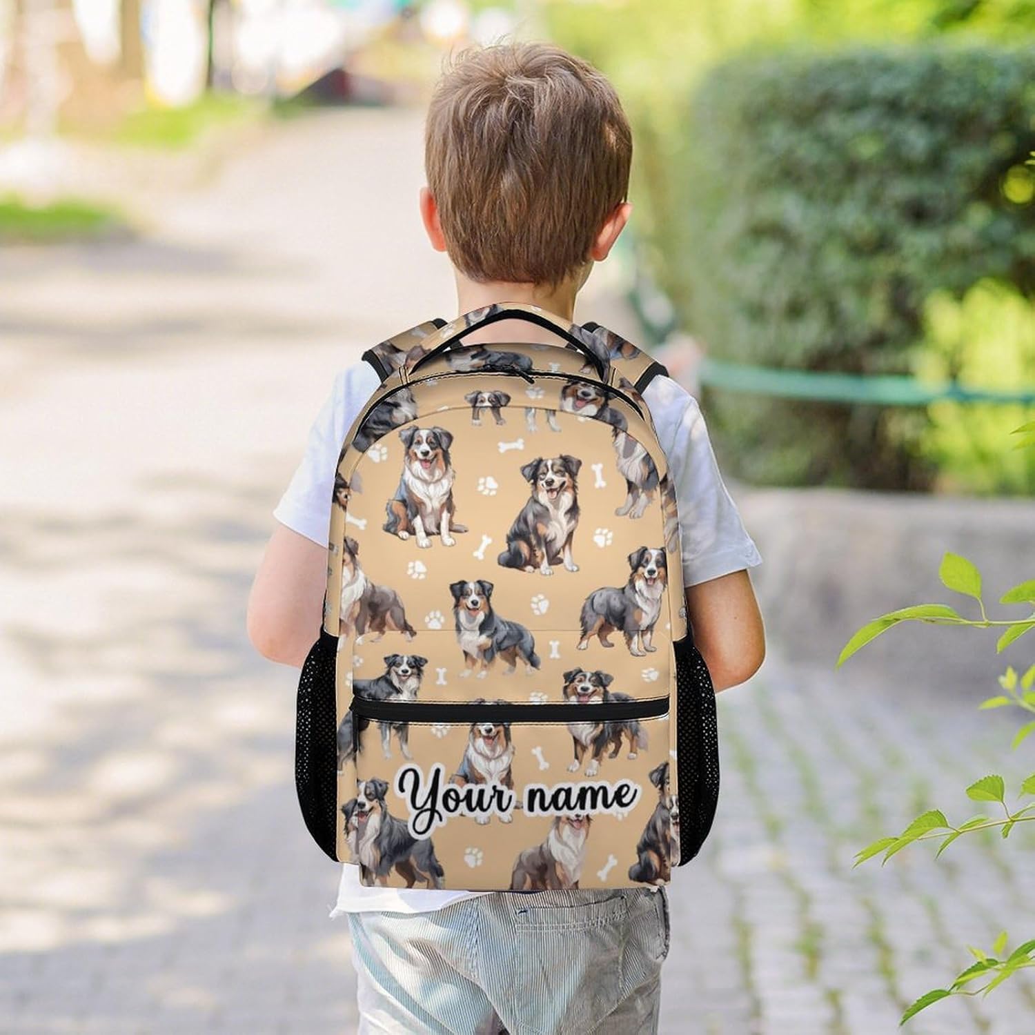 Personalized Australian Shepherd School Backpack for Kids, 16 Inch Yellow Dog Backpacks for Girls Boys, Cute, Durable, Lightweight, Large Capacity Bookbag for Travel