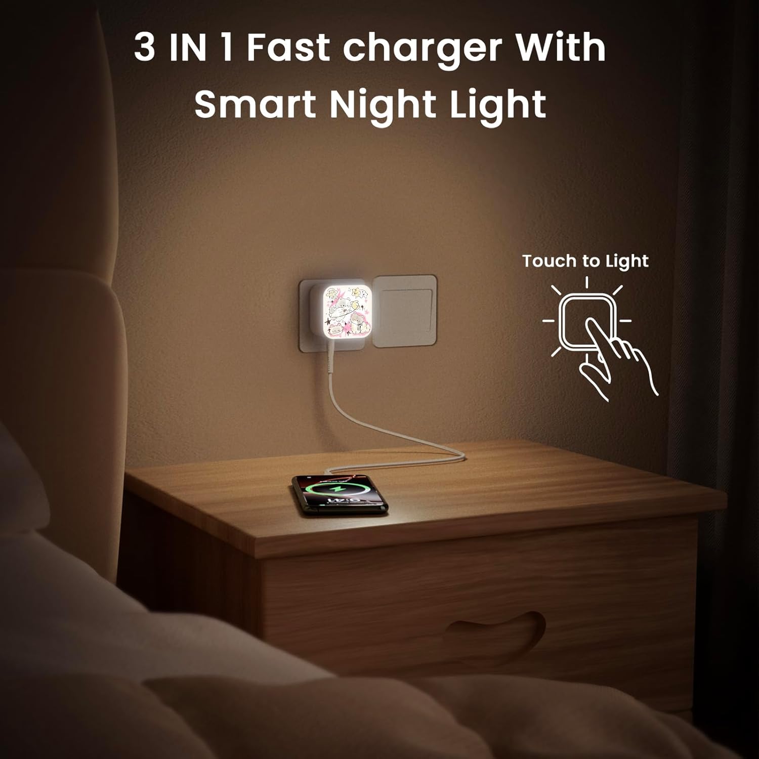 Rosarnnah 45W 3-Port USB Wall Charger with Night Light - Portable Phone Charger with Wall Plug - Type C Charger Fast Charging for iPhone Samsung Android - Funny Space Kitty Design for Bedroom
