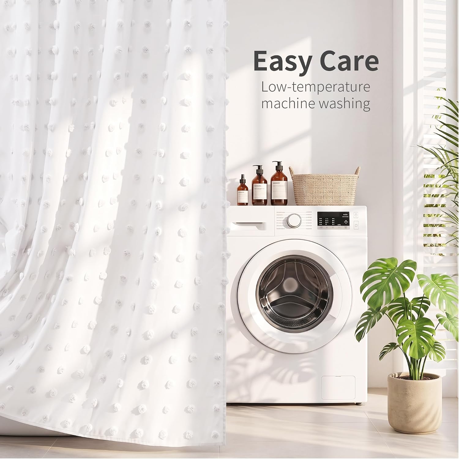 Siiluminisoy Boho Farmhouse White Shower Curtain Woven Fabric Shower Curtain, 72 x 72 Tufted Pleat Floral Puffs Textured Modern Farmhouse Minimalist Shower Curtain Set with Hooks for Bathroom